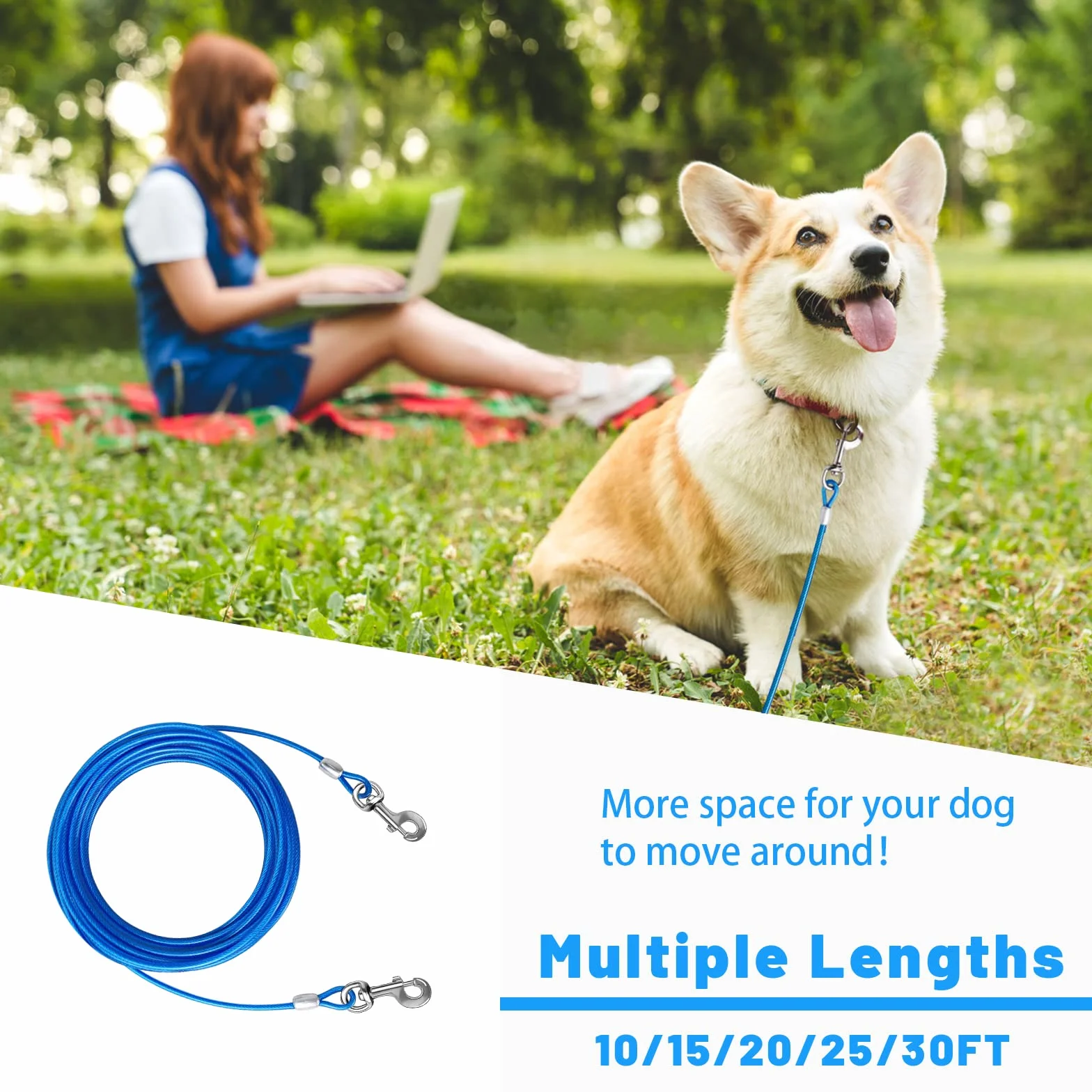 Dog Tie out Cable 10/15/20/25/30 FT Dog Runner for Yard Steel Wire Dog Cable with Durable Superior Clips Blue Dog Chains for Outside Dog Lead for Large Dogs Up to 165 lbs