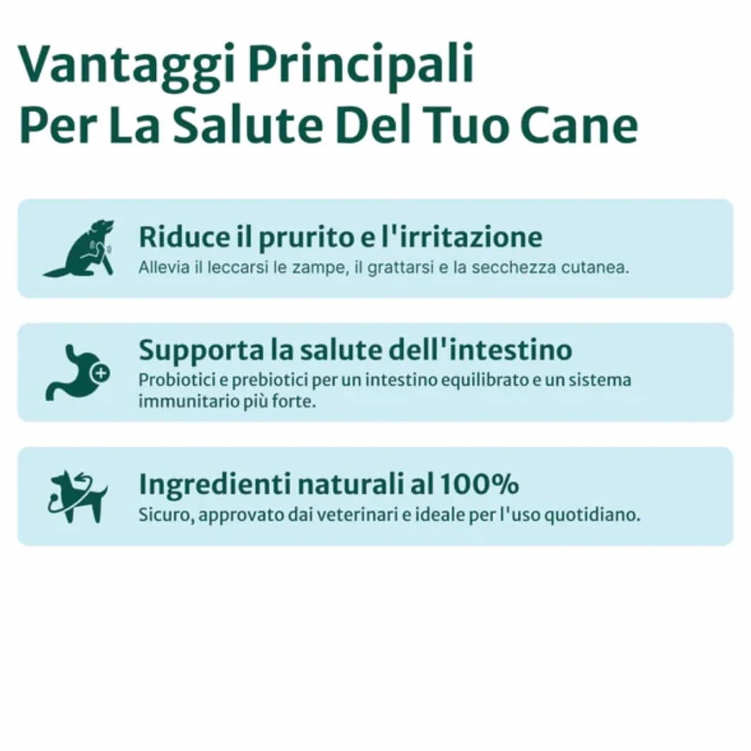 DogSuppy Sollievo Prurito Probiotici Forte per Cani – Ferma Prurito, Grattamento, Leccamento delle Zampe e Mangiare l’Erba, Allevia Allergie e Lieviti, 100% Naturale, Sostiene Intestino e Immunità