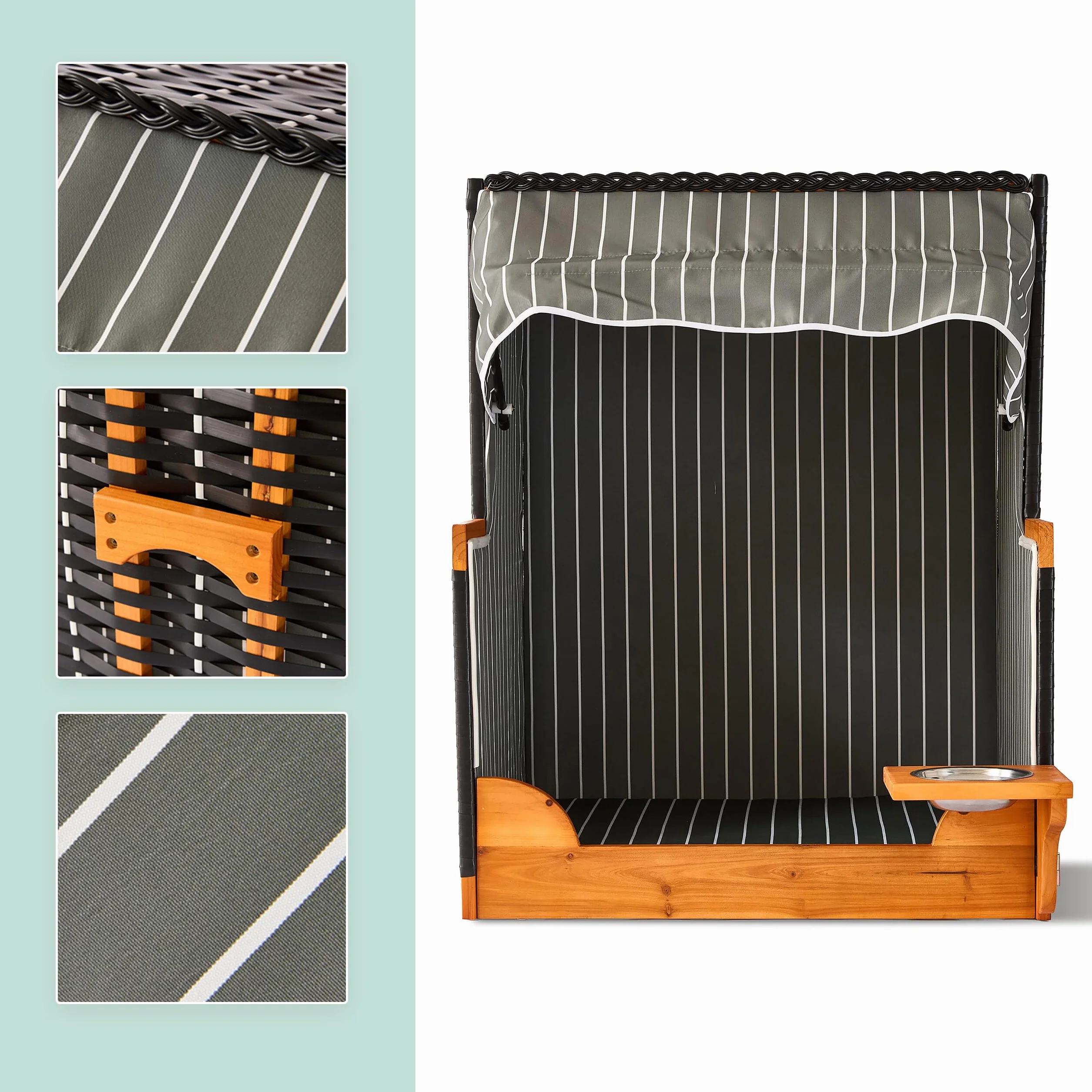 Relaxdays .ano per Cani in Rattan con Ciotola, tettuccio Parasole, 95x75x65 cm, Giardino/terrazza, Grigio