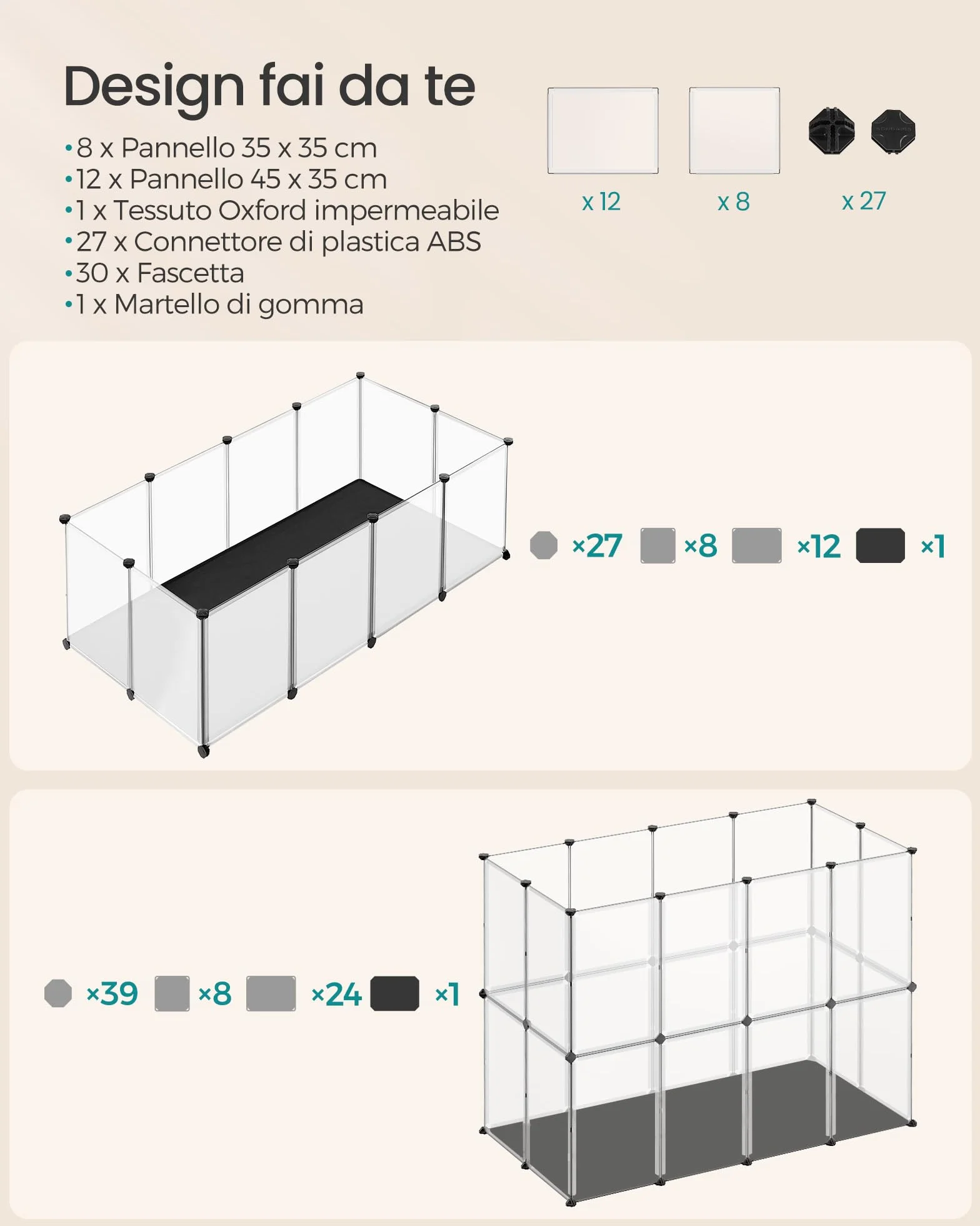 SONGMICS Recinto per Animali con Fondo e Tappeto Impermeabile e Rimovibile, Recinzione per Animali Piccoli, per Criceti, Conigli, Ricci, Porcellini d’India, 143 x 73 x 46 cm, Bianco LPC012W01