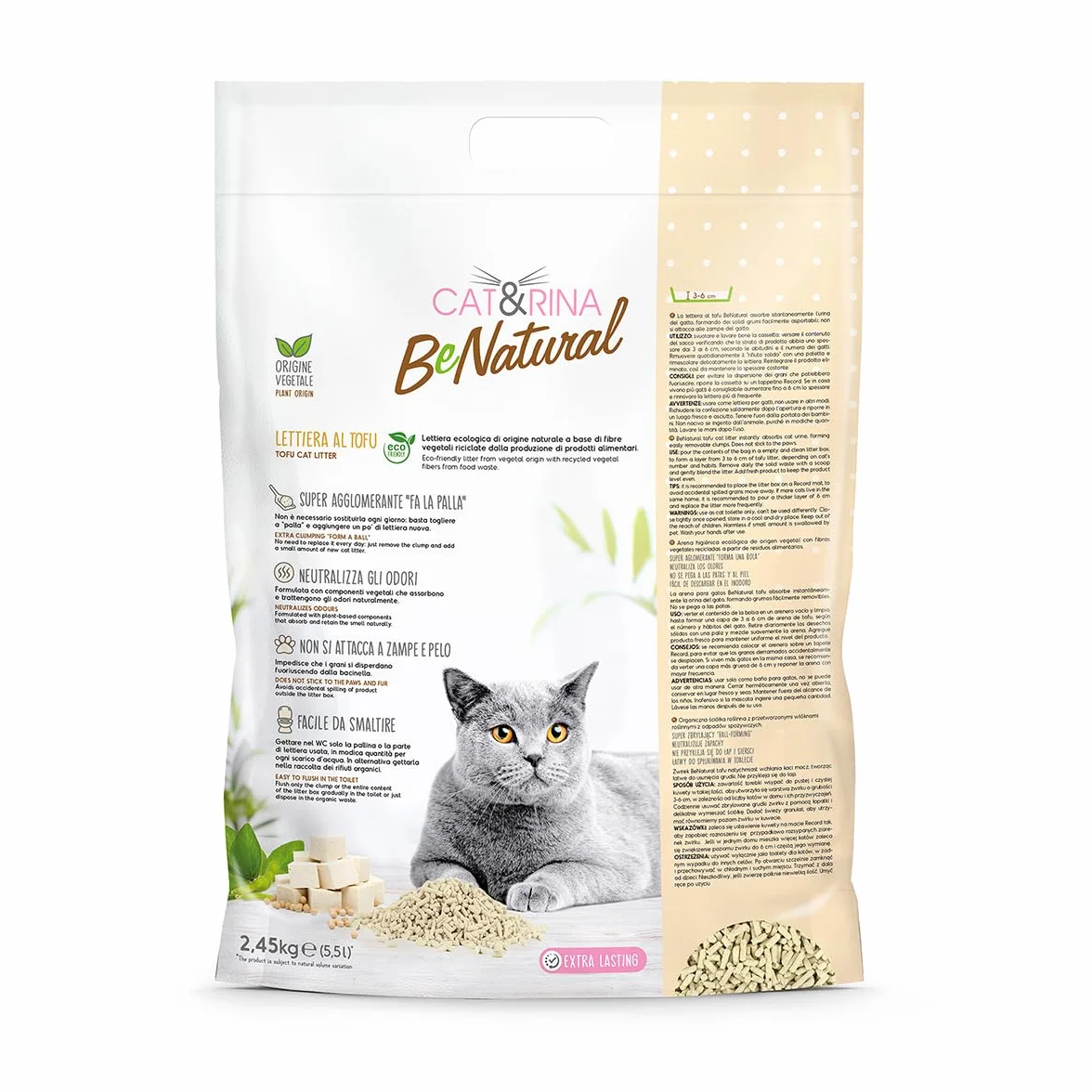 Cat&Rina BeNatural, lettiera per gatti al tofu da 5,5l. Lettiera gatto agglomerante di origine vegetale. Fino a 30 giorni di utilizzo. Si smaltisce nell'organico o nel wc. Sabbia gatti classica.