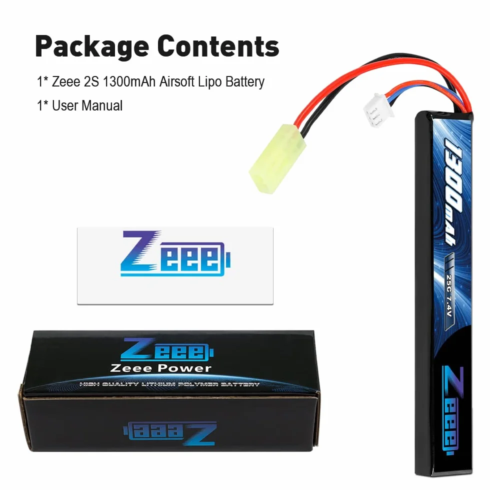 Zeee 2S Lipo Batteria 7.4V 1300mAh 25C Stick Airsoft