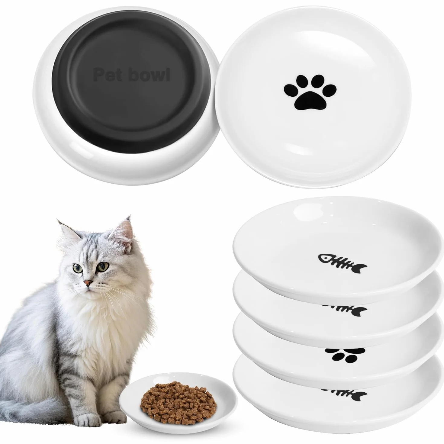 6 pezzi Ciotole per Gatti in Ceramica, Con Base in Gomma Antiscivolo, Ciotola Piatta Gatti per Alleviare L'affaticamento Dei Baffi, per Piccoli Animali - Ideali per Gli Amanti Dei Felini