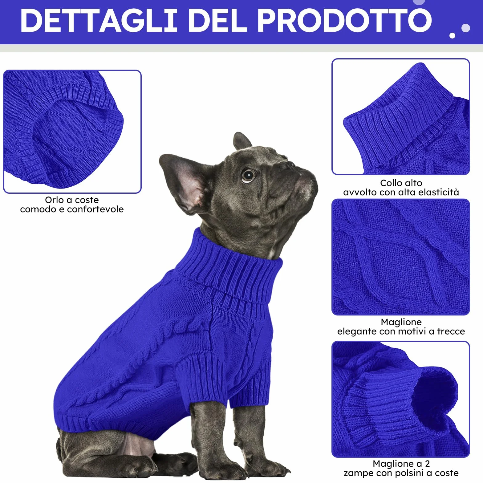 Queenmore Maglione Per Cani Taglia Media Blu M Felpa A Collo Alto Caldo Elastico