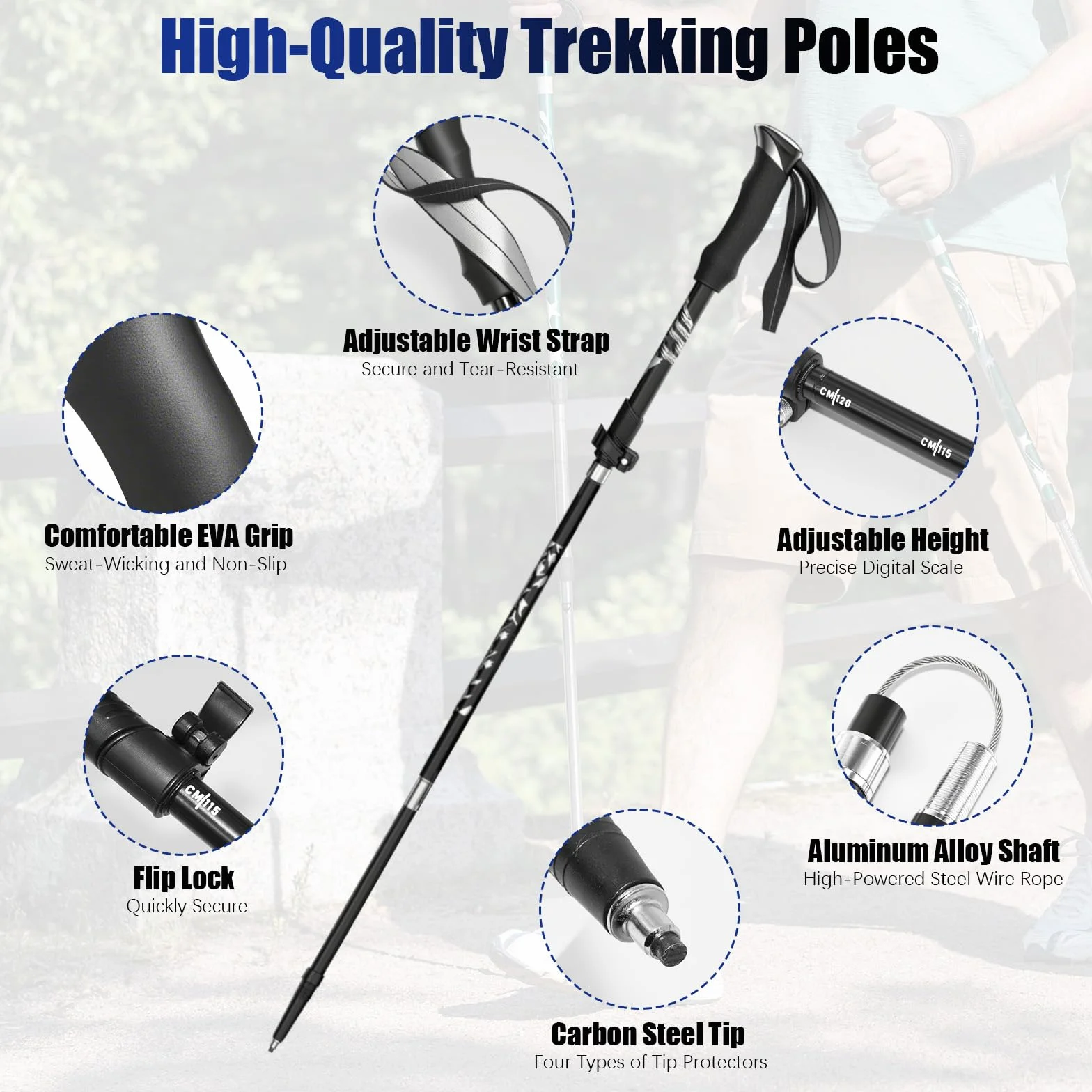 Bastoncini Trekking Pieghevoli in Alluminio Regolabili 110-130cm Nordic Walking 4 Paia Puntali Gomma