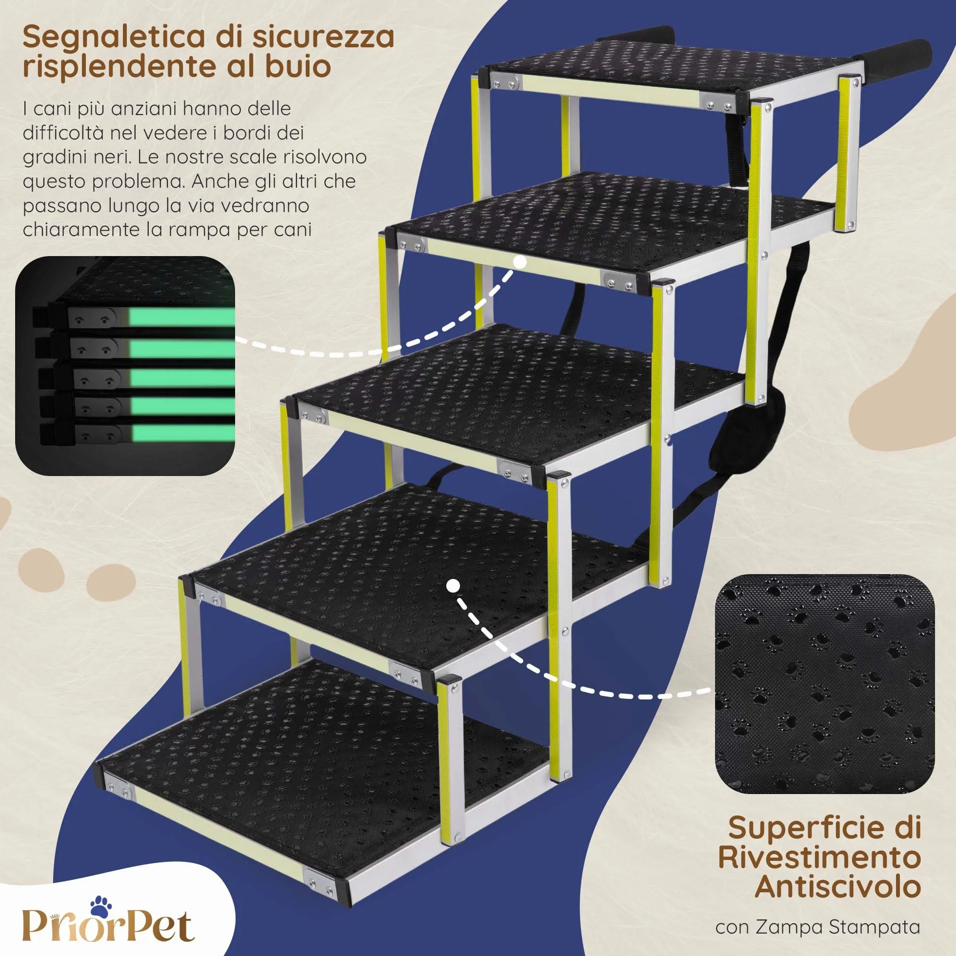 Rampa per Cani PRIORPET Pieghevole Fino a 77 KG Antiscivolo Riflettente 5 Gradini