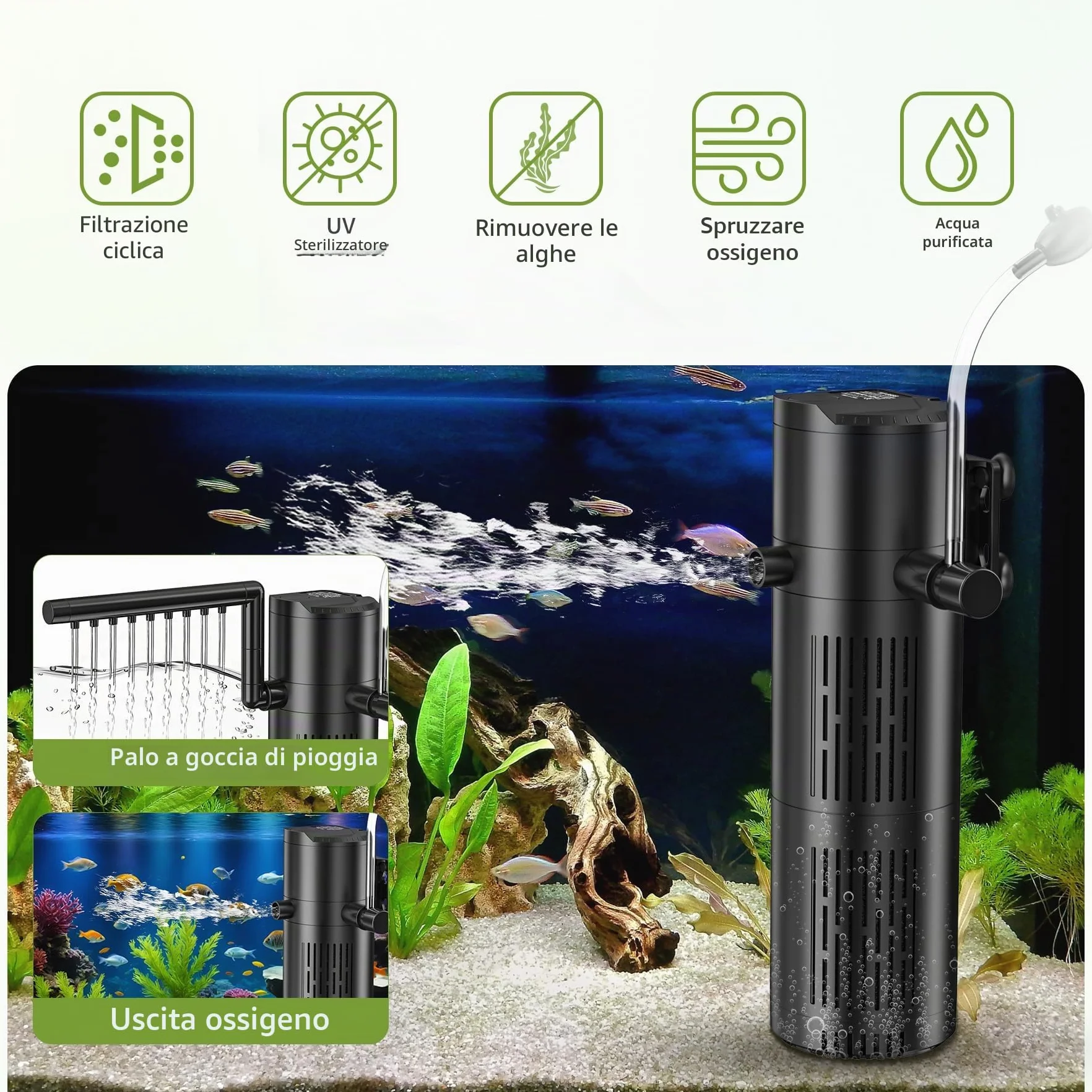Forever Speed Filtro per Acquario con chiarificatore UVC 6W,Pompa Acquario Integrata, Filtro Interno 5 in 1 per acquari 40–100L (500L/H)