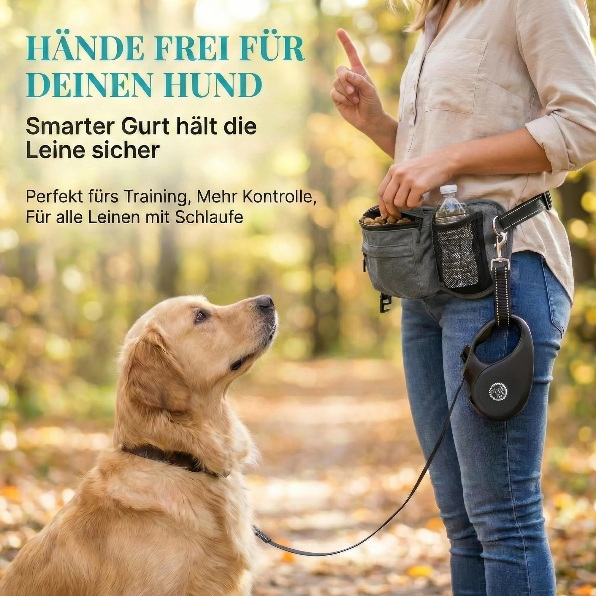 HUND IST KÖNIG Borsa per cani e accessori per cani – Robusto marsupio per cani – Borsa per cibo per cani con dispenser per sacchetti, scomparto per cellulare e tracolla per cavi flessibili