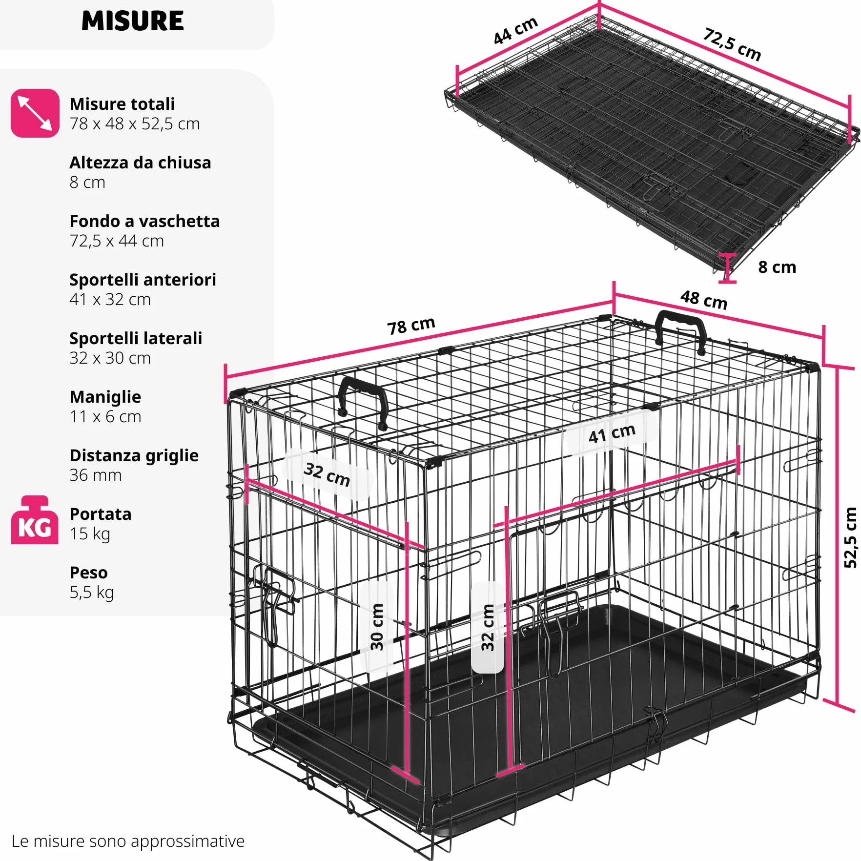 tectake® Trasportino Auto per Cani Spazioso, 78x48x52,5cm, Gabbia per cani con Griglia in Acciaio Robusta, per Gatti, Pieghevole, 2 Porte, Doppia Chiusura, Vasca Rimovibile, 2 Maniglie per Trasporto