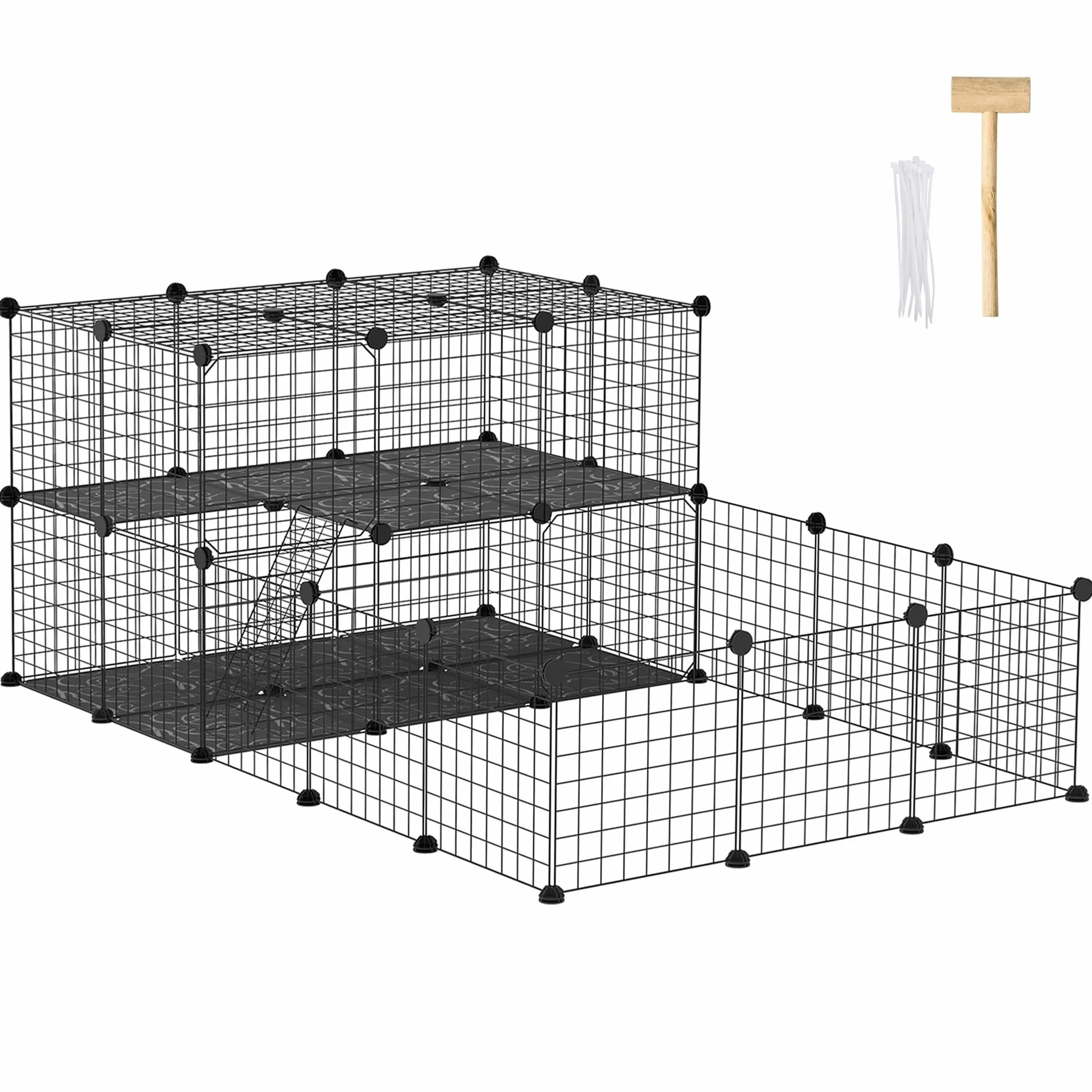 PawHut Recinto per Conigli, Porcellini d'India e Roditori Modulabile, Box per Animali con Accessori Montaggio in Metallo, 175x105x70cm, Nero