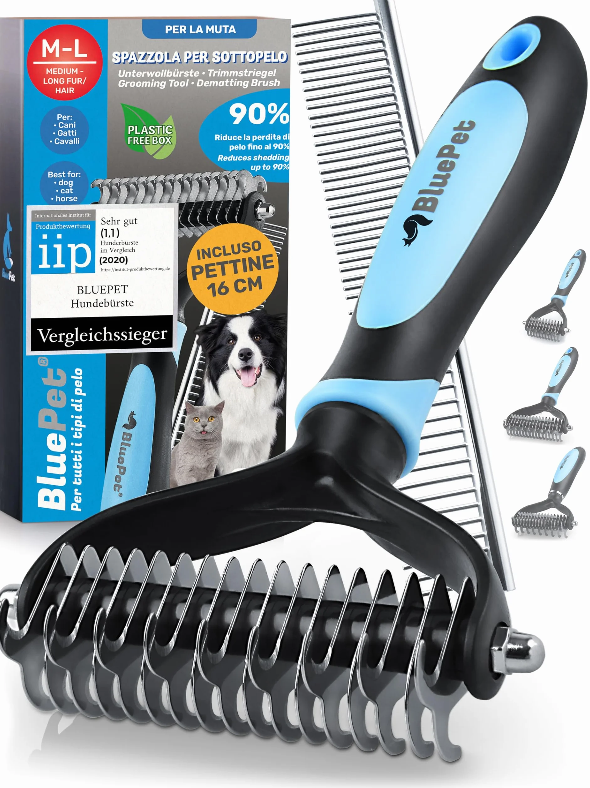 BluePet Spazzola per Cani e Gatto a Pelo Lungo e Medio, Pettine Cardatore Sottopelo Doppia Faccia