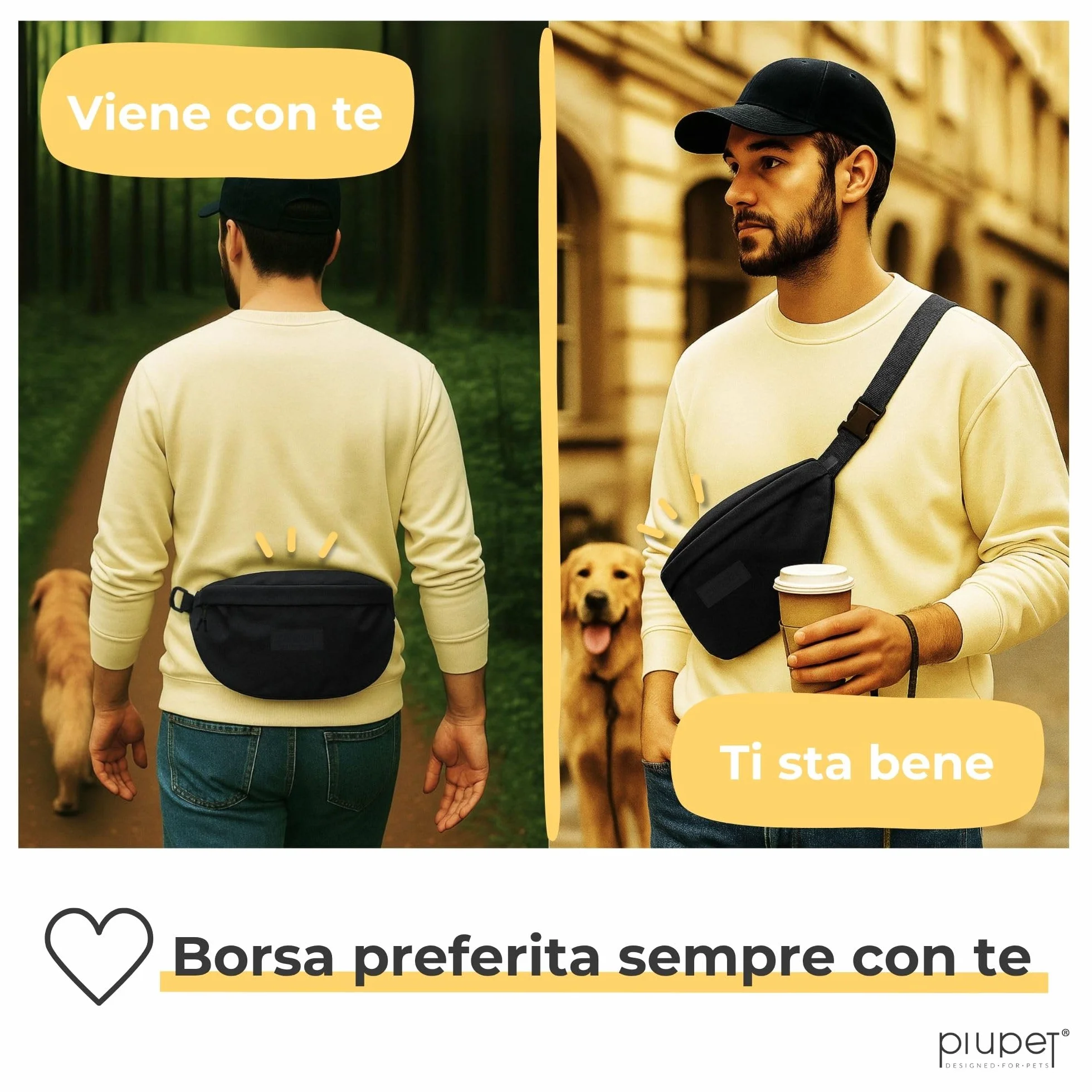 PiuPet® Borsa per Cani I Borsa per Cani Elegante e Impermeabile con 3 Scomparti con Cerniera I Marsupio 2 in 1 per l'addestramento del Cane e Borsa a Tracolla I con Tasca Interna Rimovibile (Nero)
