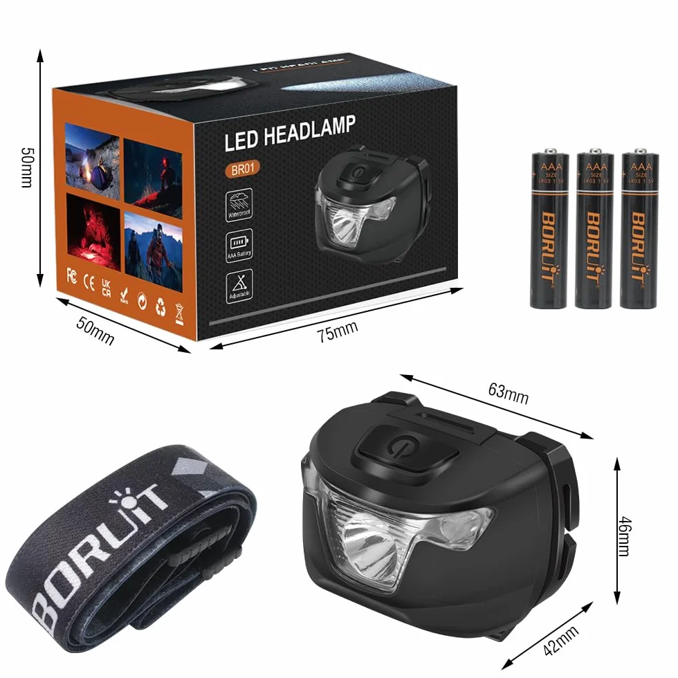 BORUIT BR01 Czołówka LED Czerwone Światło AAA Bateria IP66 Wodoodporna Latarka Czołowa 4 Tryby do Biegania Pracy Trekking