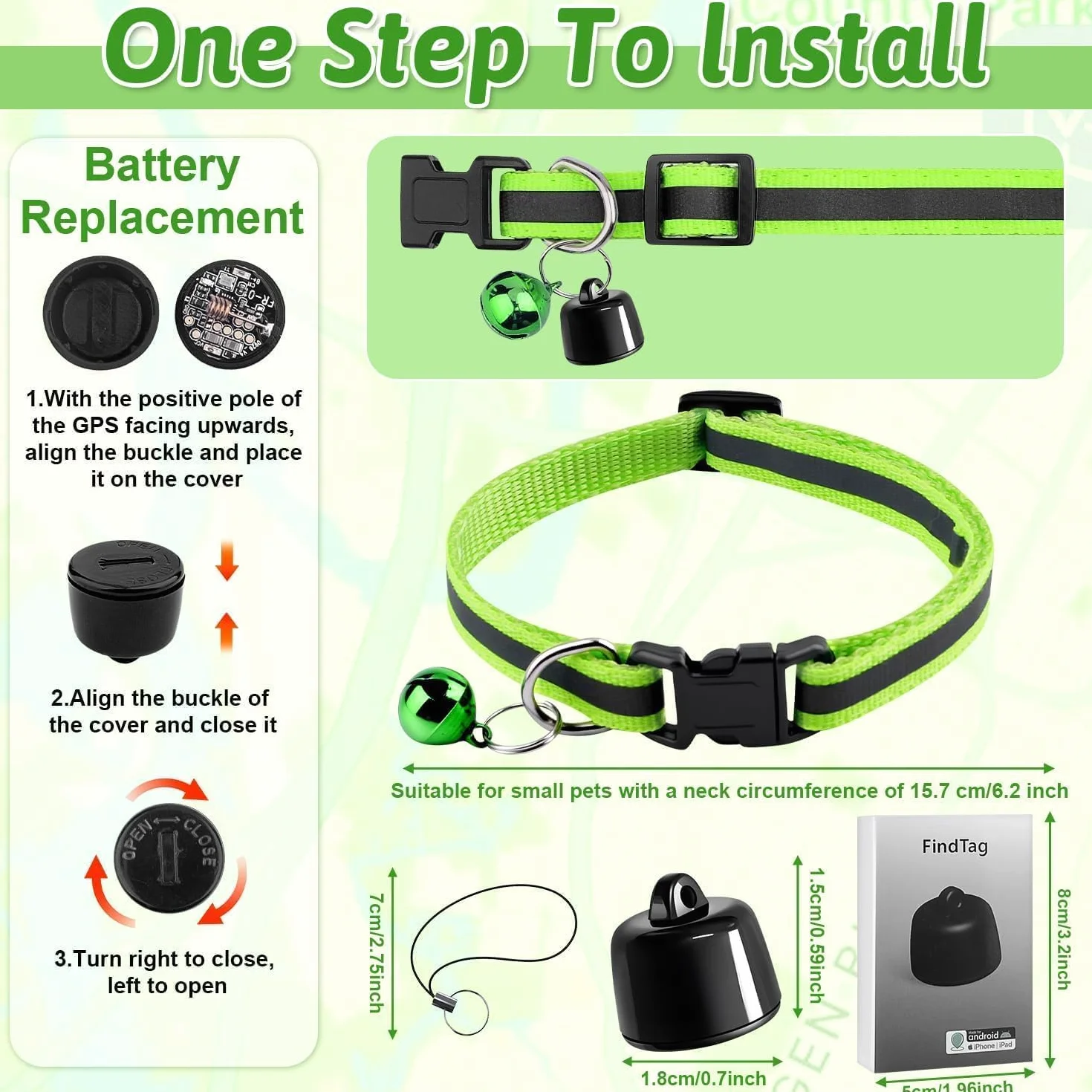 Collare GPS per Gatto Senza Abbonamento, Localizzatore GPS per Gatti con Tracciamento in Tempo Reale, Compatibile iOS/Android, Impermeabile, Batteria a Lunga Durata per Gatti e Gattini (Verde)