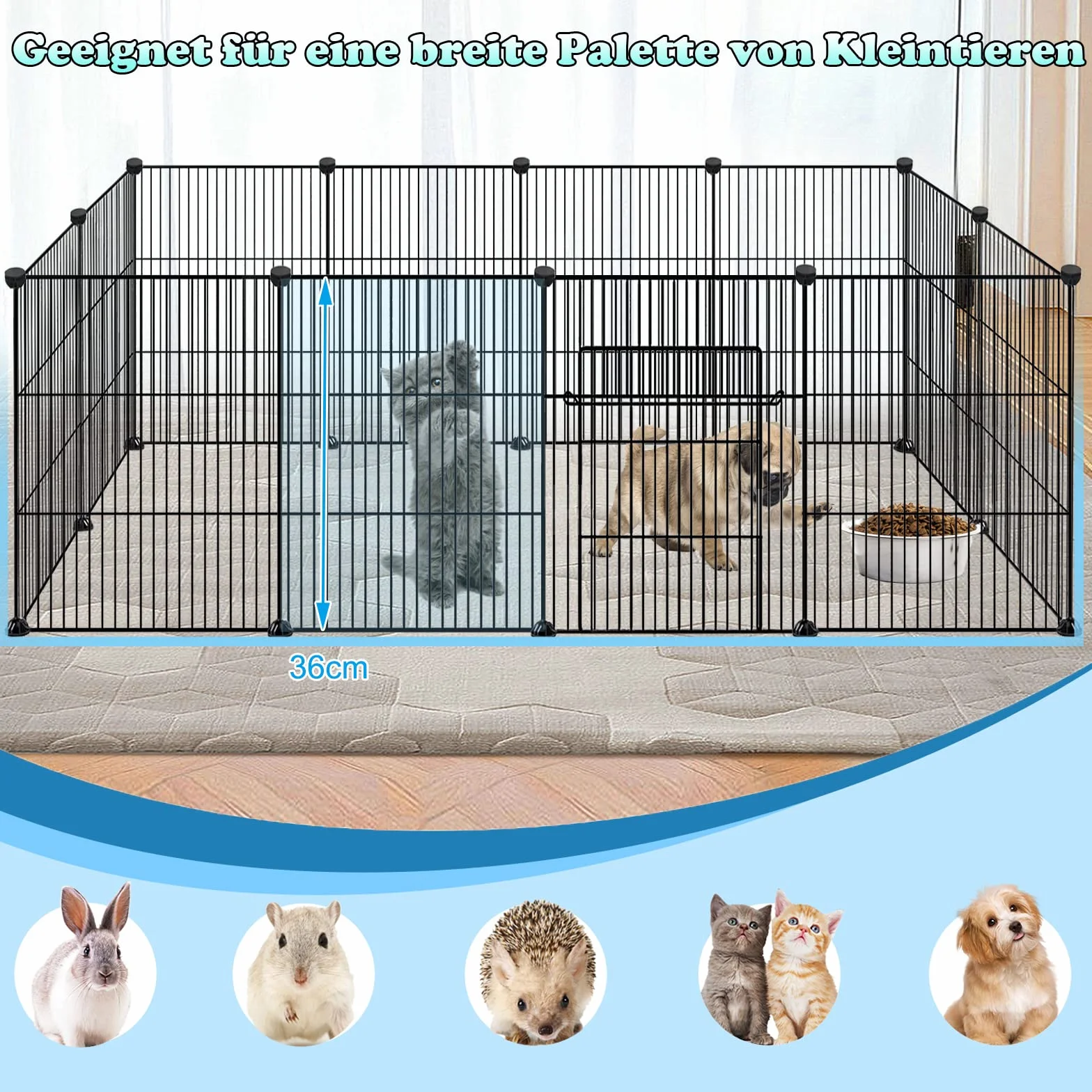 Froadp Recinzione per Animali Domestici Conigli da Esterno 142x72x72cm in Metallo 24 Pezzi Recinto a Griglia con Porta per Cavie, Animali da Compagnia, Gabbia per Cuccioli, Hamster (Nero)
