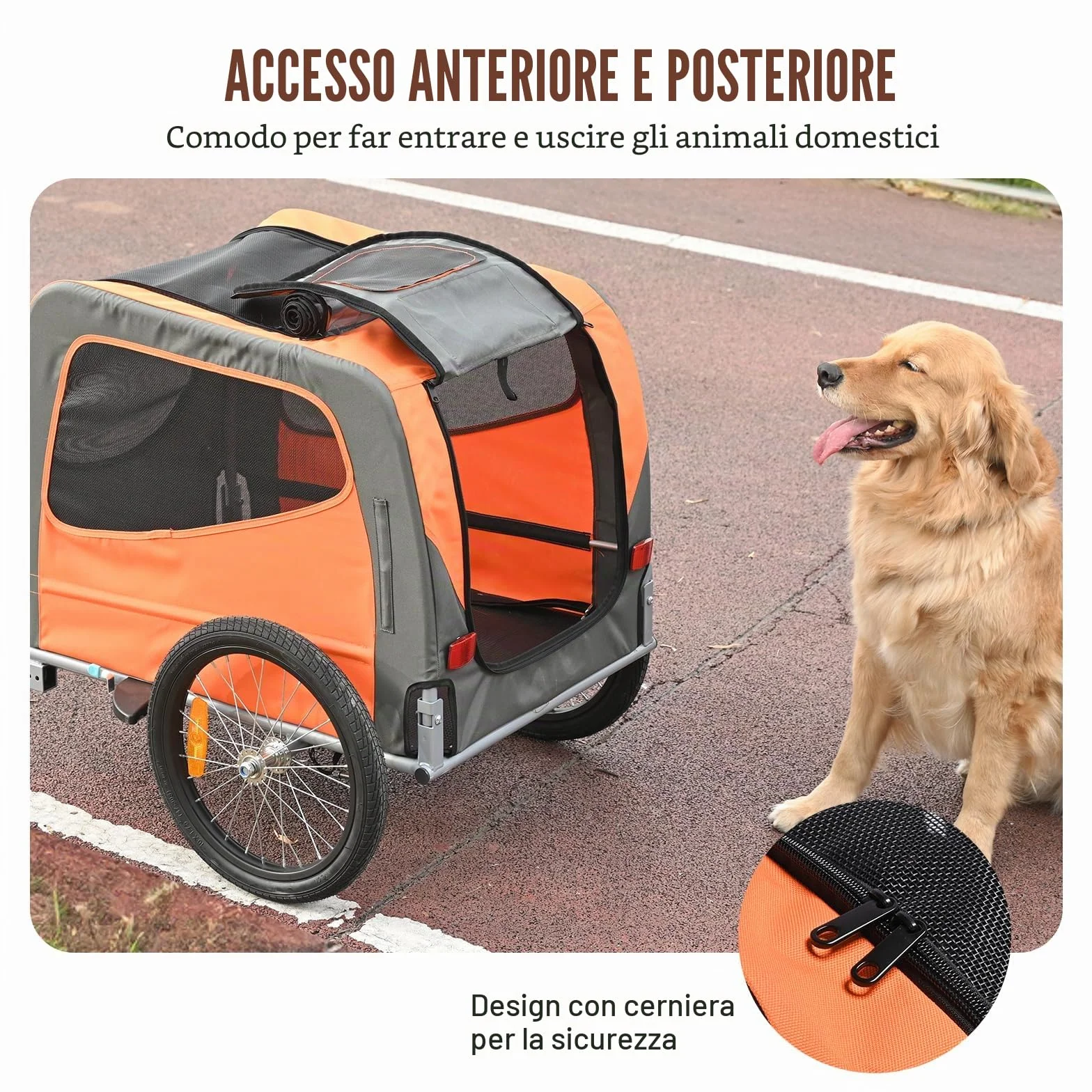 VEVOR Rimorchio Bici per Cani Pieghevole Portata max. 30 kg Passeggino per Animali Domestici con Ruote a Sgancio Rapido Telaio in Acciaio Carrello per Bici Traino Rimorchio Animali Arancione/Grigio