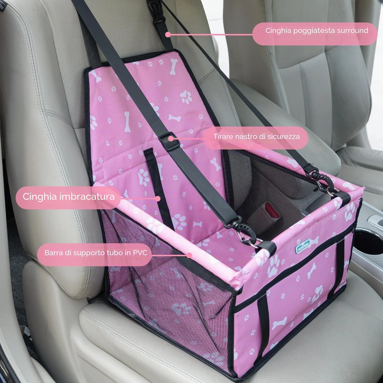 Nobleza Seggiolino Auto per Cani Piccola Taglia e Gatti, Trasportino Cane Auto, Impermeabile, Pieghevole, Rete Traspirante, 40x34x25cm, Rosa