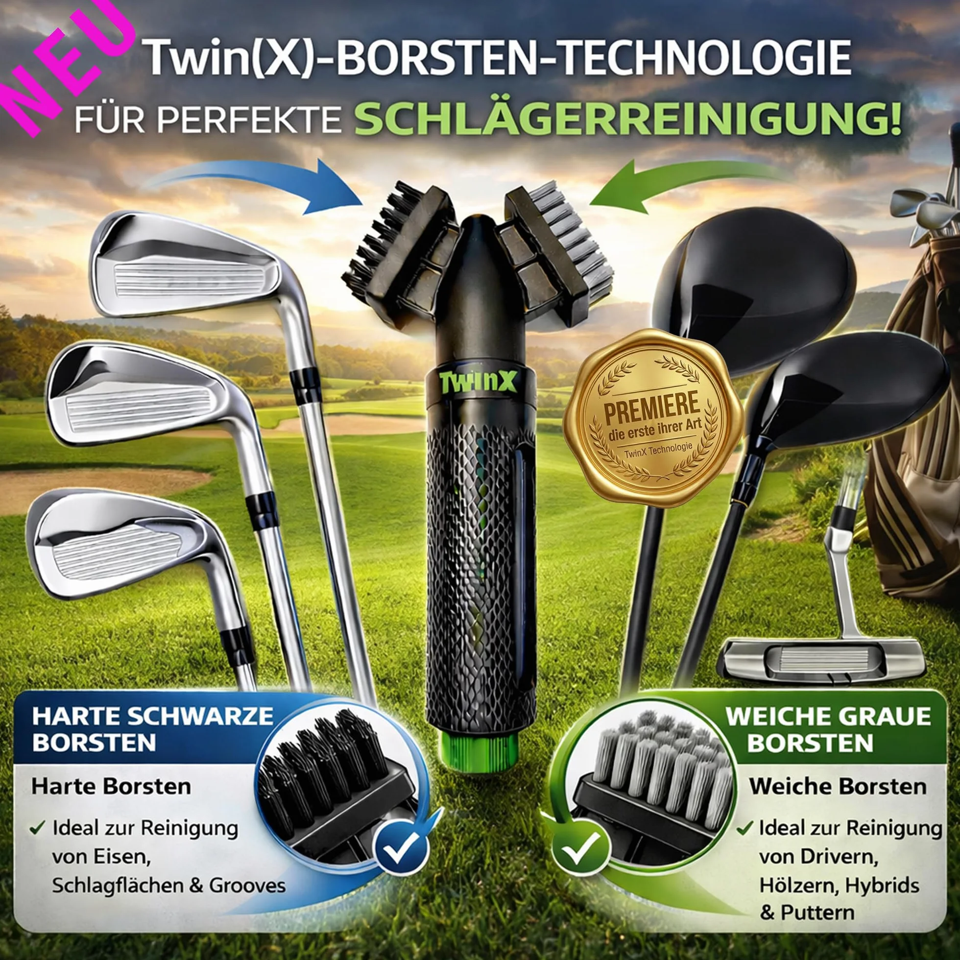 Spazzola da golf Premium con serbatoio acqua e funzione spray, doppia setole, magnete e moschettone