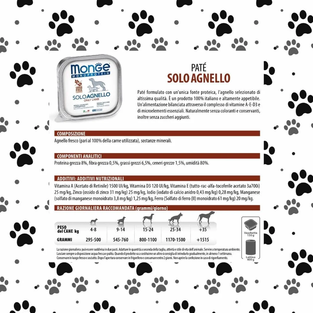 Monge Monoprotein umido cane gusto SOLO AGNELLO formula grainfree | 12 vaschette da 150 grammi l'una.