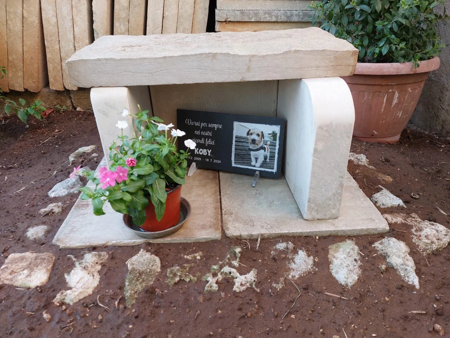 Lapide commemorativa per Cane e Gatto personalizzabile in Pietra con Foto Rettangolare 32,5x17,6cm