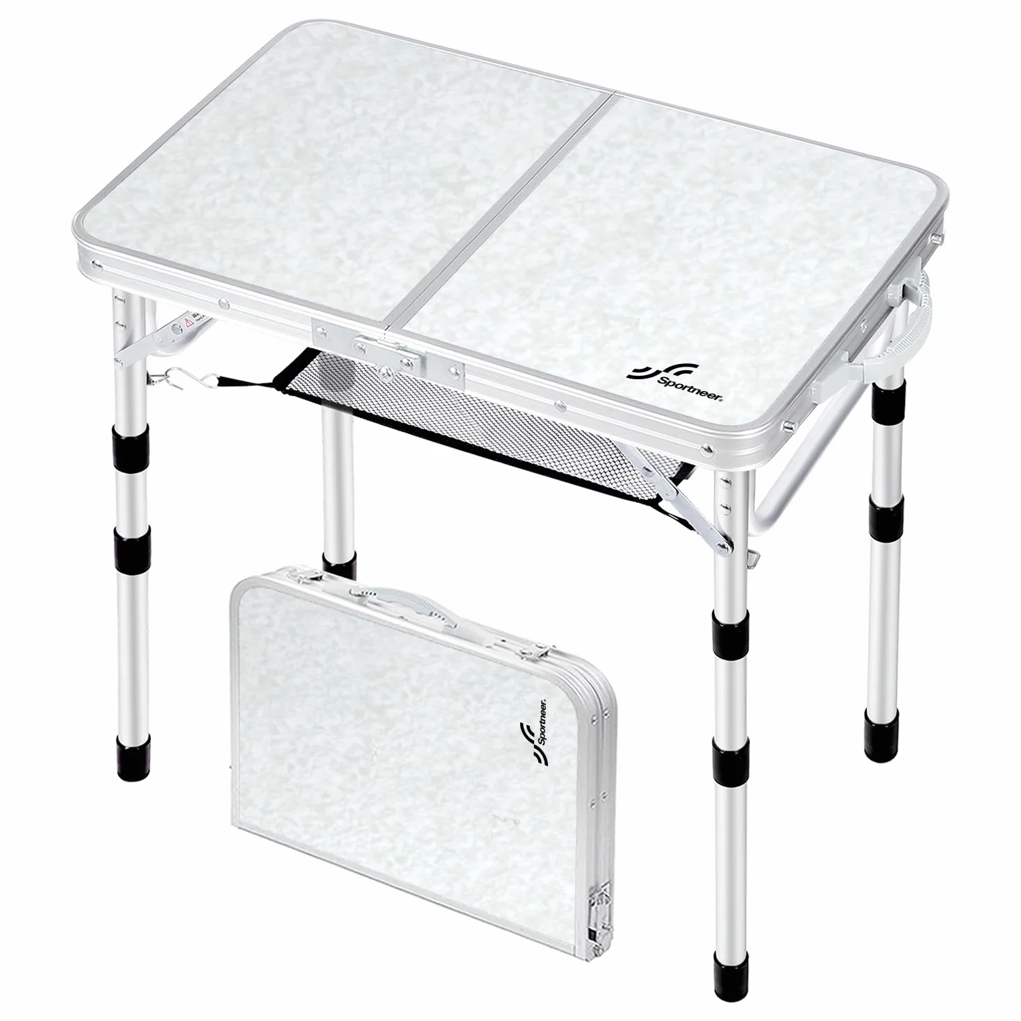 Sportneer Tavolino da Campeggio Pieghevole, Regolabile in Altezza, 60×40 cm, Portatile con Ripiano in Rete, 4 Altezze, Tavolo da Esterno per Picnic e Spiaggia, Bianco