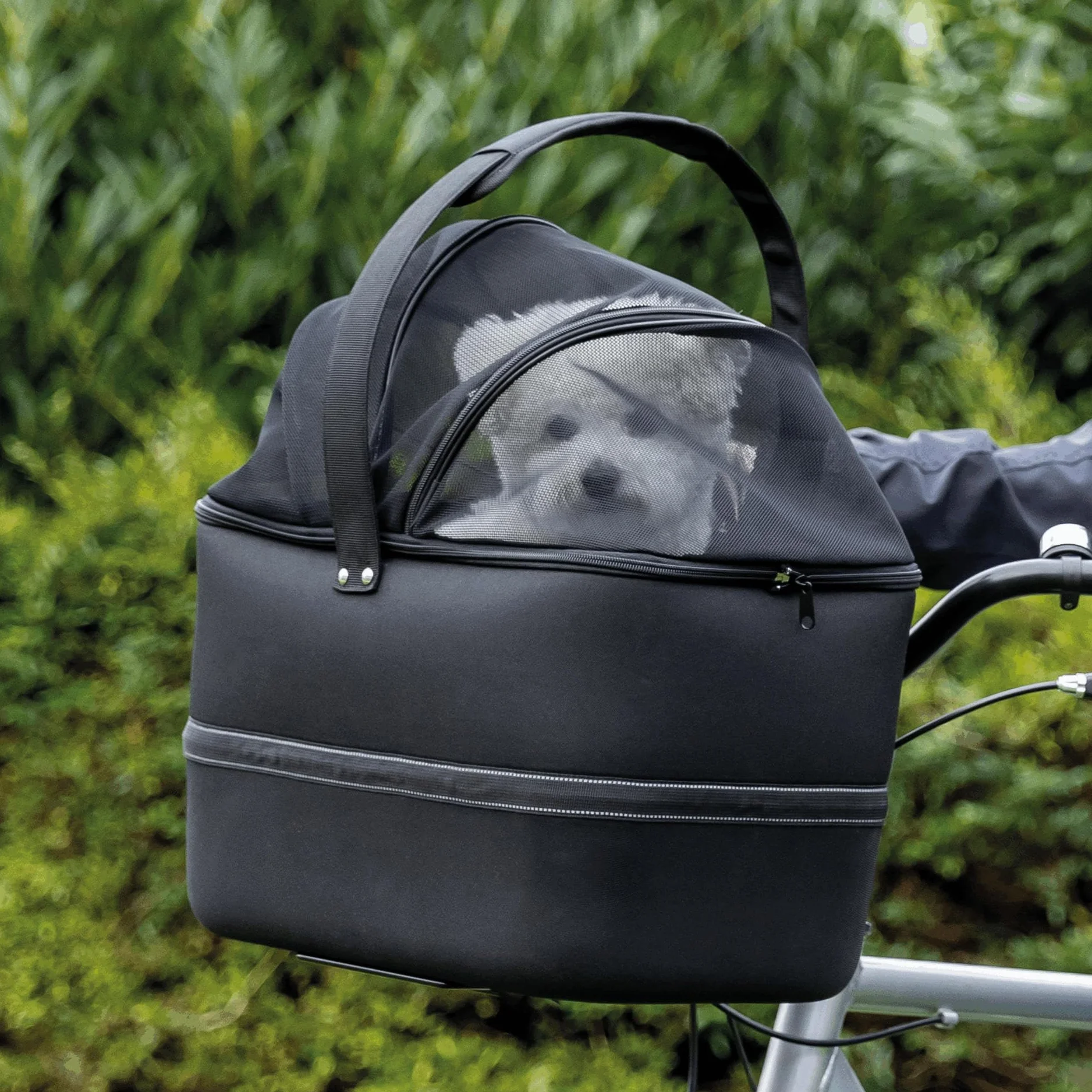 Trixie Cestino Bici Frontale per Cani – Manubrio – Fino a 6 kg – 41 × 47 × 29 cm – Cestino Sicuro con Coperchio a Rete & Protezione Impermeabile Antipioggia Rimovibile