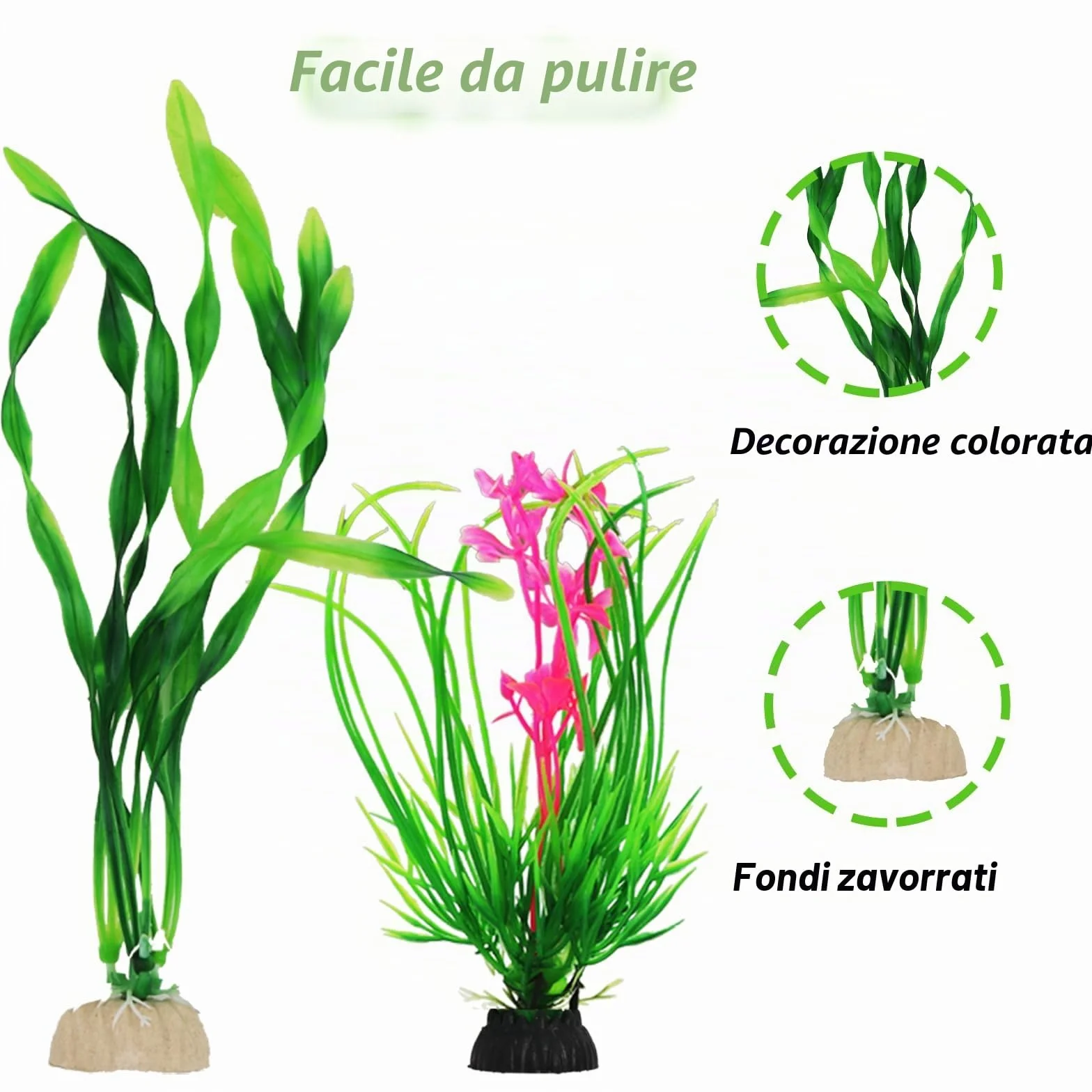 QUOZUO 9 Pezzi Decorazione Piante per Acquario, Piante in Plastica Verde con Resina, Grotta di Pesce e Accessori per Serbatoio