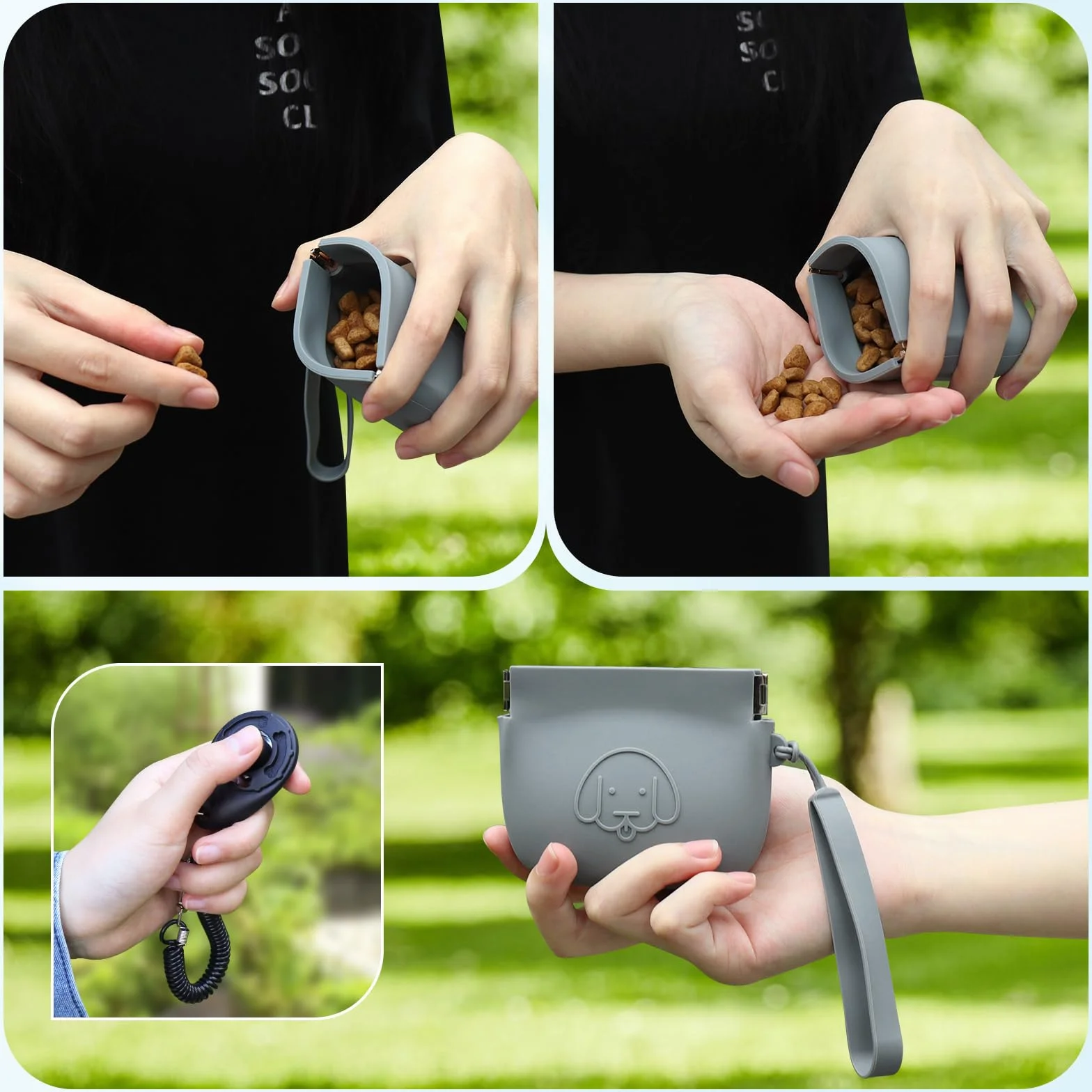 Pochette in Silicone per Dolcetti per Cani, Chiusura Automatica, Con Clicker di Addestramento, Camminata per Gatti, Formato Tascabile, Grigio Scuro