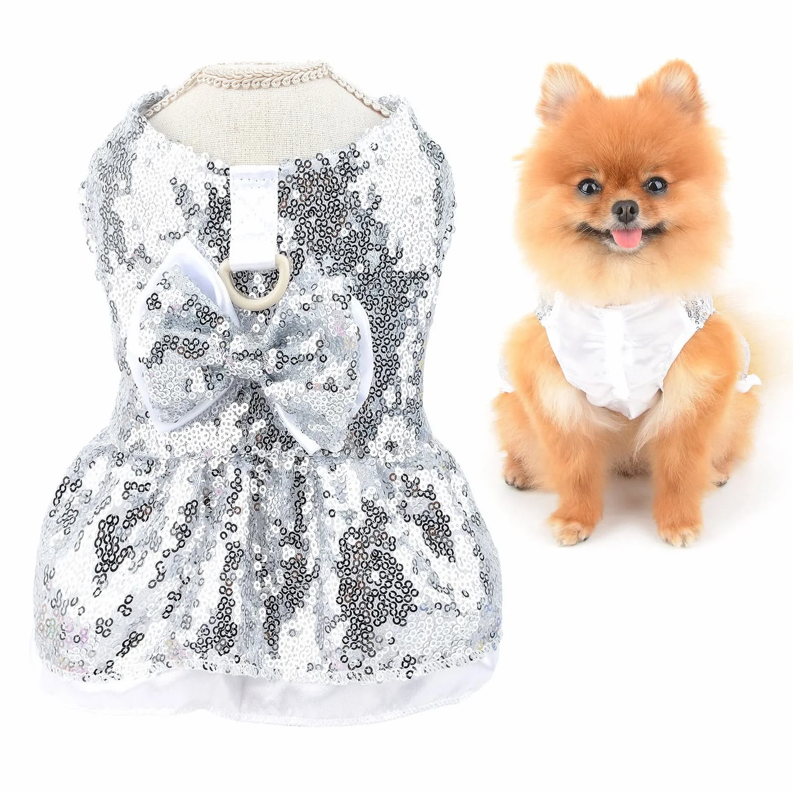 SMALLLEE_LUCKY_STORE Abito con paillettes metallizzate per cani di piccola taglia e gatti,grazioso fiocco,gonna con a D per cuccioli, Yorkie Chihuahua abbigliamento estivo, argento, XS