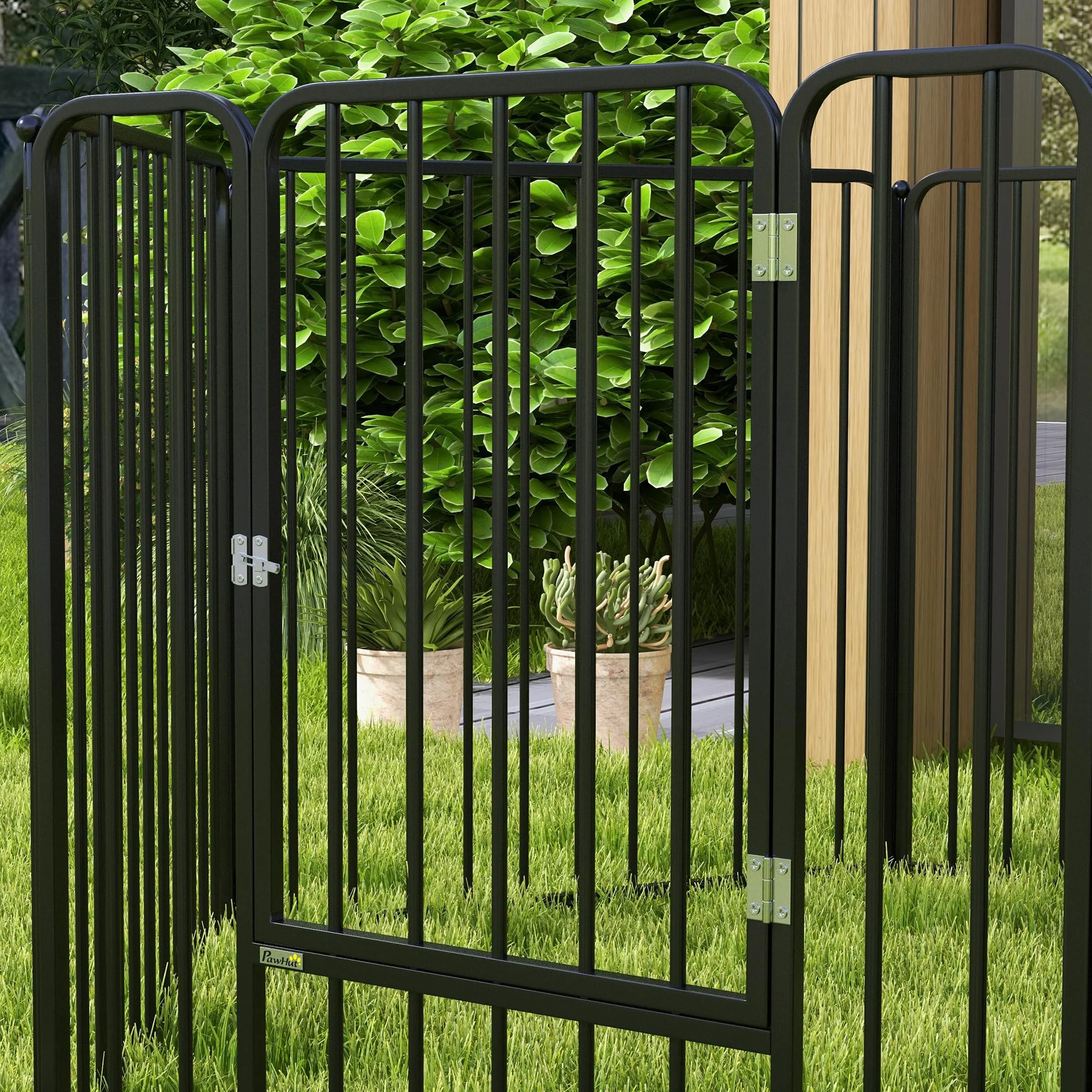PawHut Box per Cani Taglia Media e Piccola a 6 Pannelli Modulabili da Interno ed Esterno, Cancello per Cani in Acciaio con 9 Picchetti, 164x83x80 cm, Nero