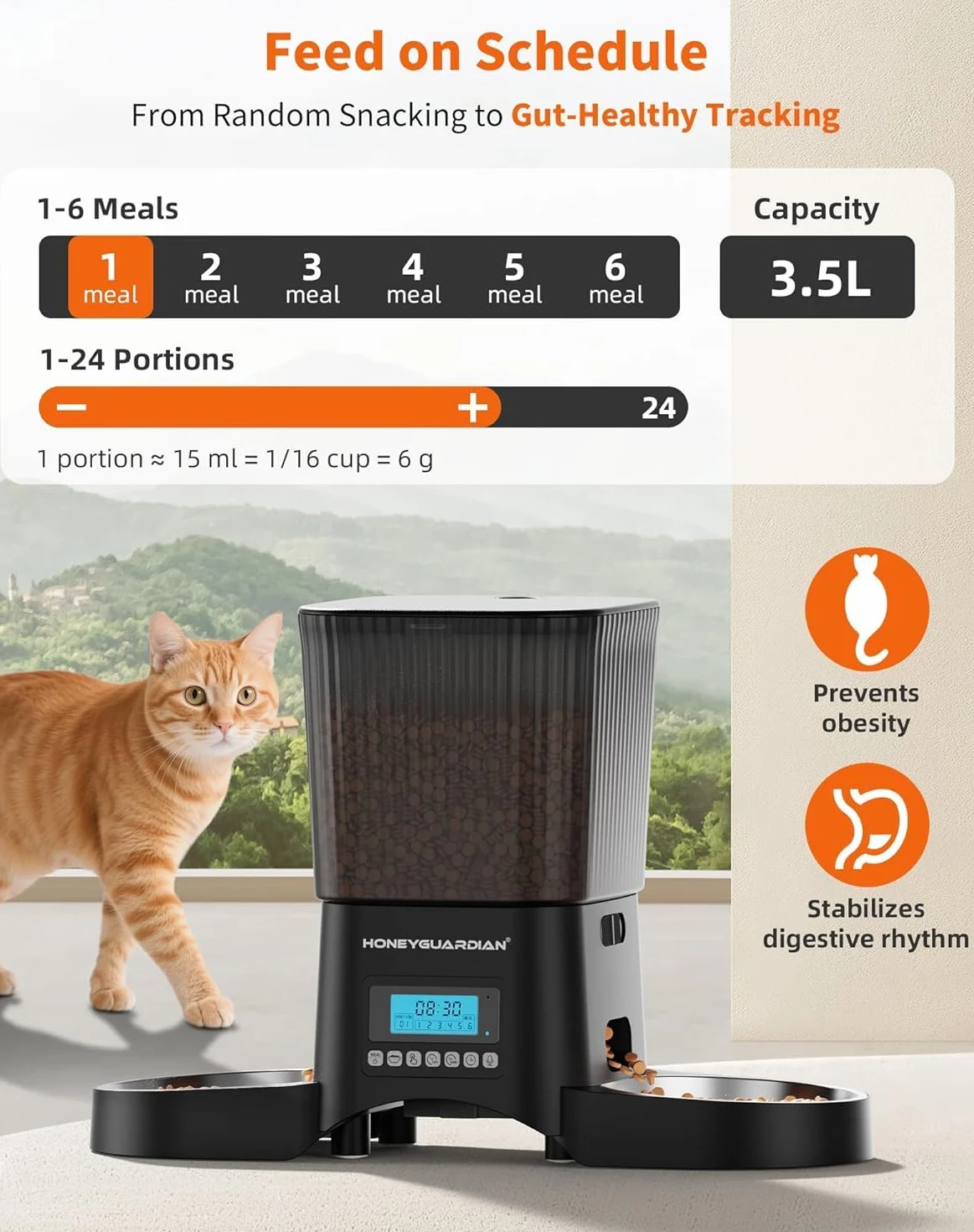 HoneyGuaridan Distributore Automatico Cibo Gatti, 3.5L Dispenser Crocchette Gatto con 4 ciotole, Programmable Porzione(6 Pasti/Giorno), Avviso vocale per i pasti, piedini antiscivolo