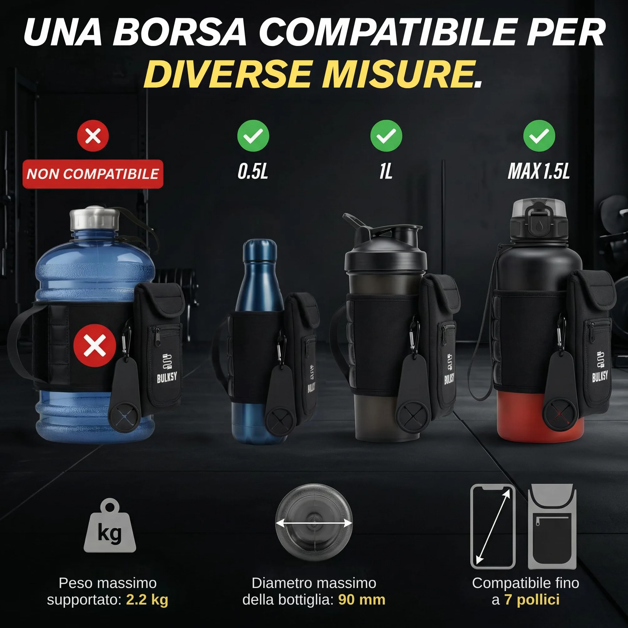 Borsa Magnetica per Accessori Palestra con Porta Borraccia e Tasca Smartphone - Adatta a Bottiglie 1L & 1,5L