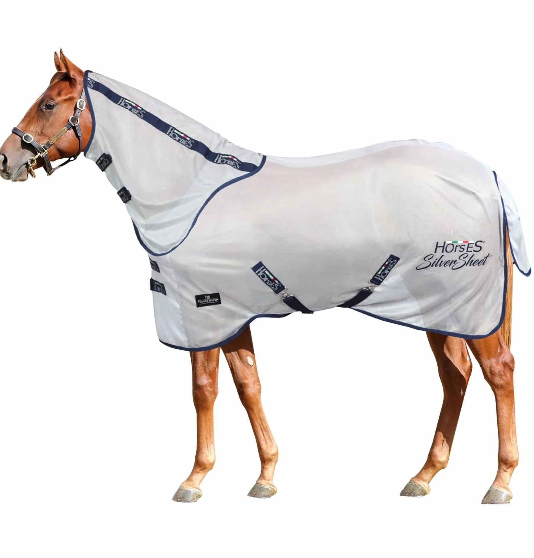 Horses, Coperta Antimosche in Rete Silver Sheet, per la Stagione Estiva, Riflette Luce e Calore, Tessuto in Rete Fitta Contro Mosche ed Insetti, 135 cm