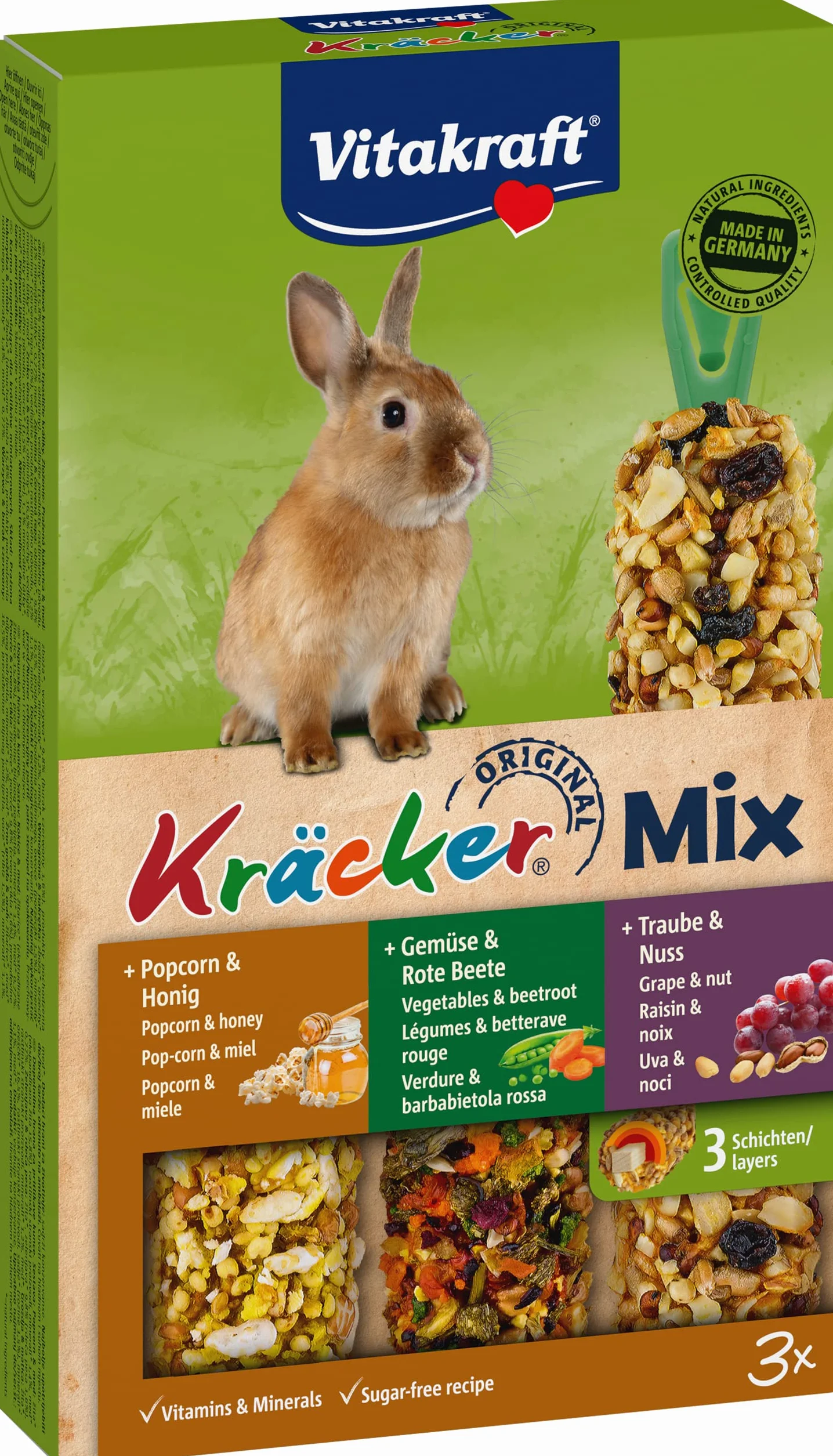 Vitakraft Kräcker Mix, bastoncini da sgranocchiare per conigli nani, con popcorn e miele, con verdura e barbabietola rossa, con uva e noci, senza l'aggiunta di zuccheri e cereali (1x 160g)