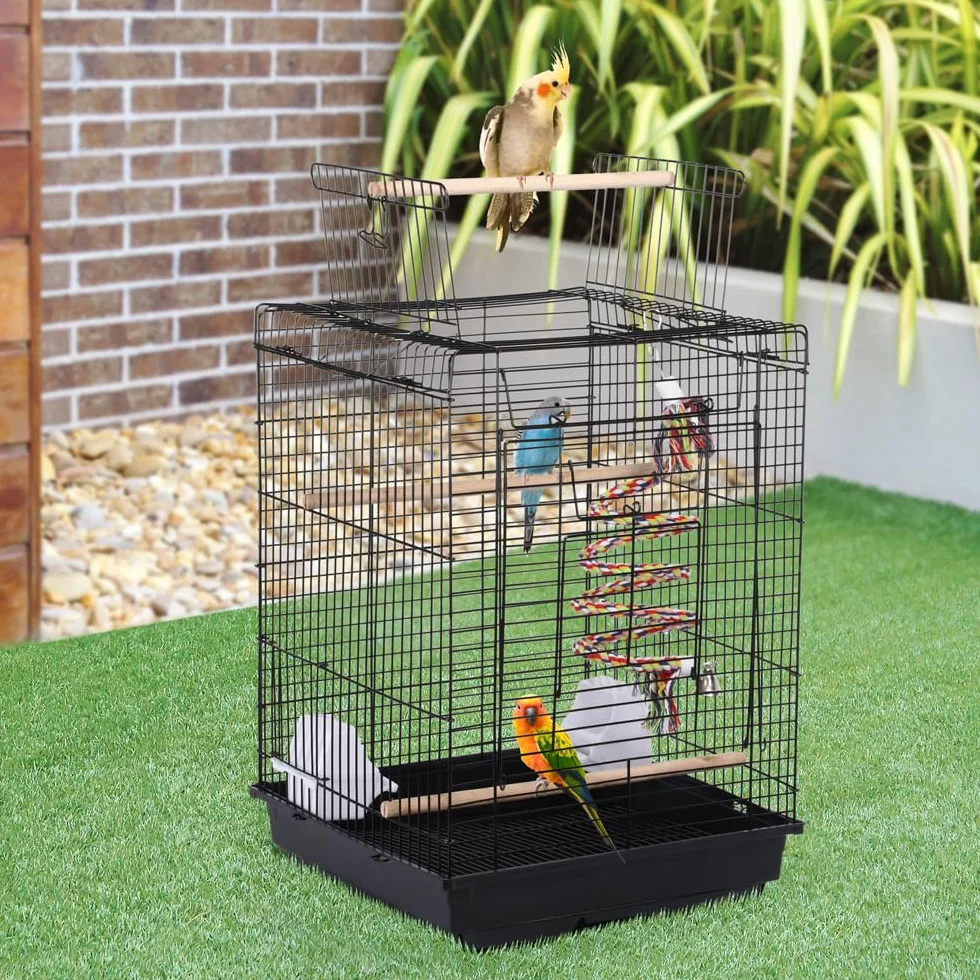 Yaheetech Gabbia per Uccelli Pappagalli Inseparabili Voliera in Metallo con Tetto Apribile Posatoio in Legno e Giocattolo 40 x 40 x 58 cm Nero