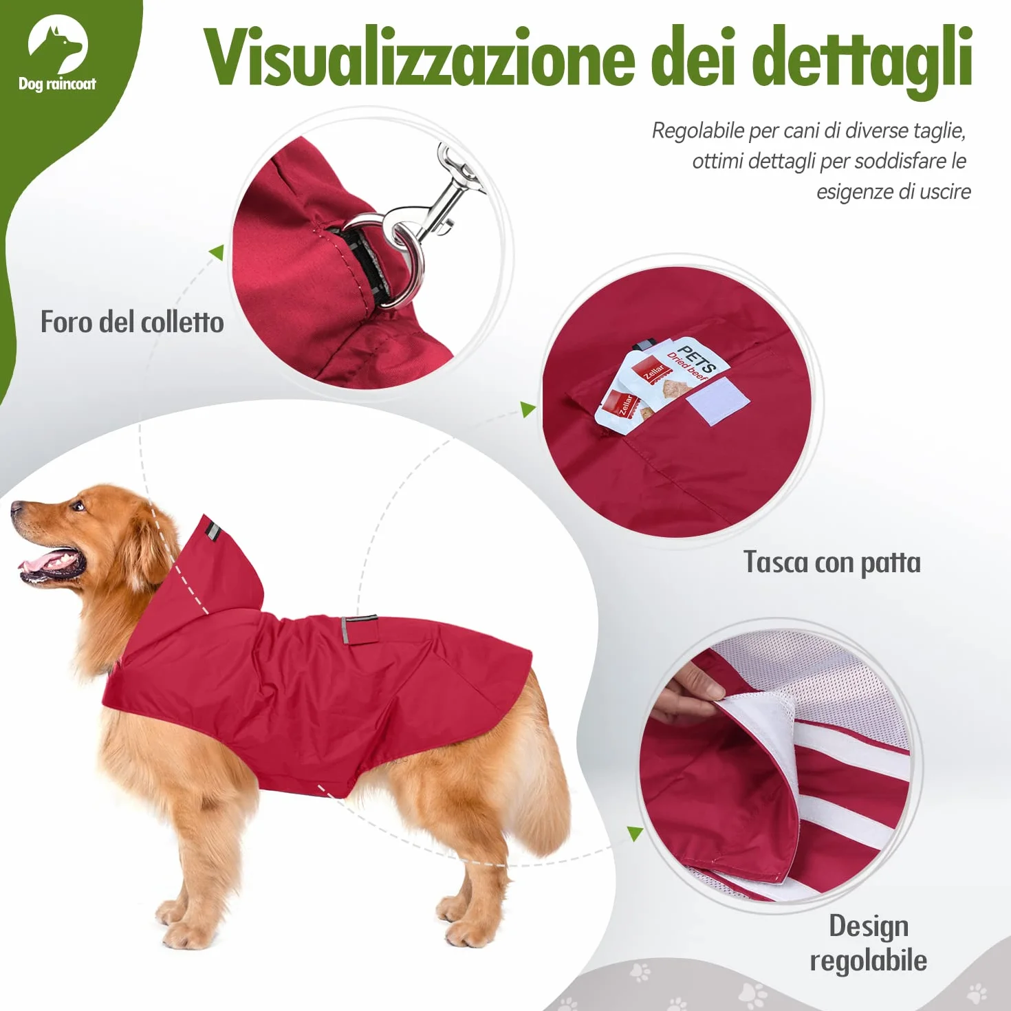 Zellar Impermeabile per Cani con Cappuccio e Strisce Riflettenti, Taglia Media Large Rosso