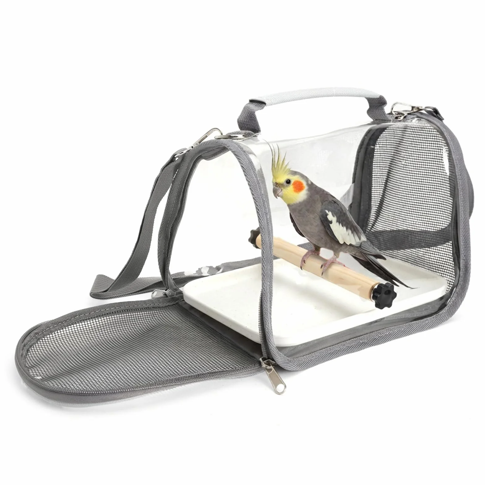 Uccello trasportino con asta di legno e vassoio, zaino per uccelli, con asta, zaino leggero per pappagallo, gabbia per uccelli per pappagalli, parrocchetti, 1 molari grigio