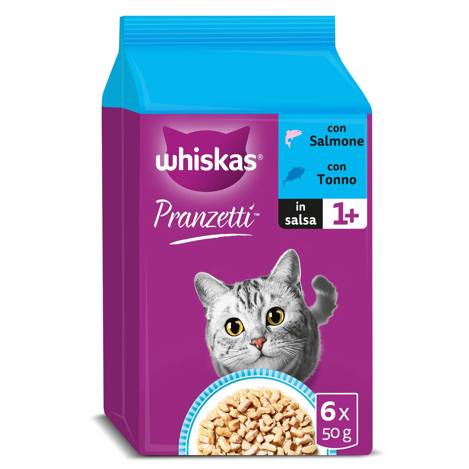 Whiskas Pranzetti Selezione di Pesce 1+ Adulto, Cibo Umido per Gatto, 12 Confezioni ognuna da 6 bustine x 50g (72 Pezzi in Totale)
