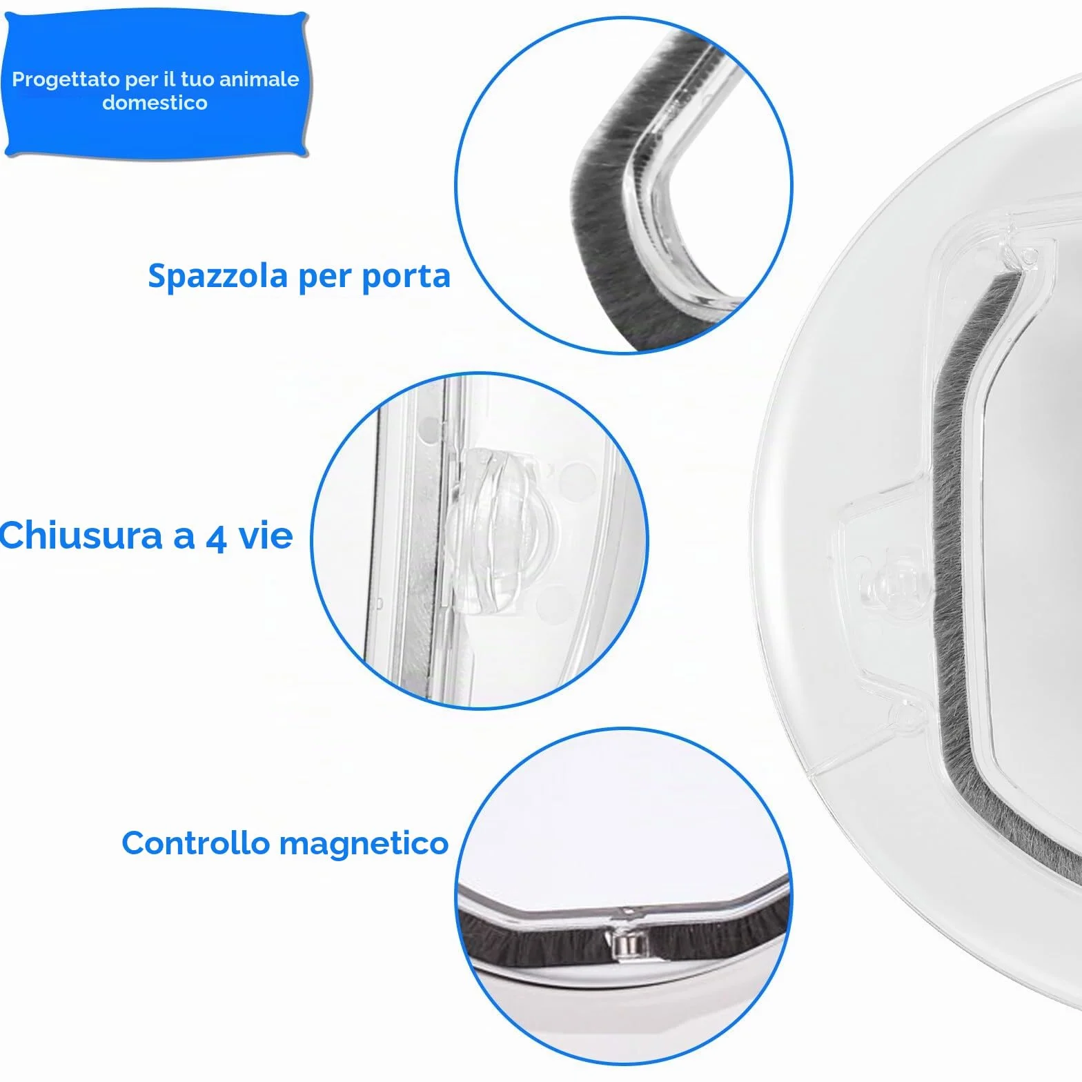 Porta per gatti trasparente a 4 vie con chiusura, cancello rotondo resistente, kit per porte interne ed esterne