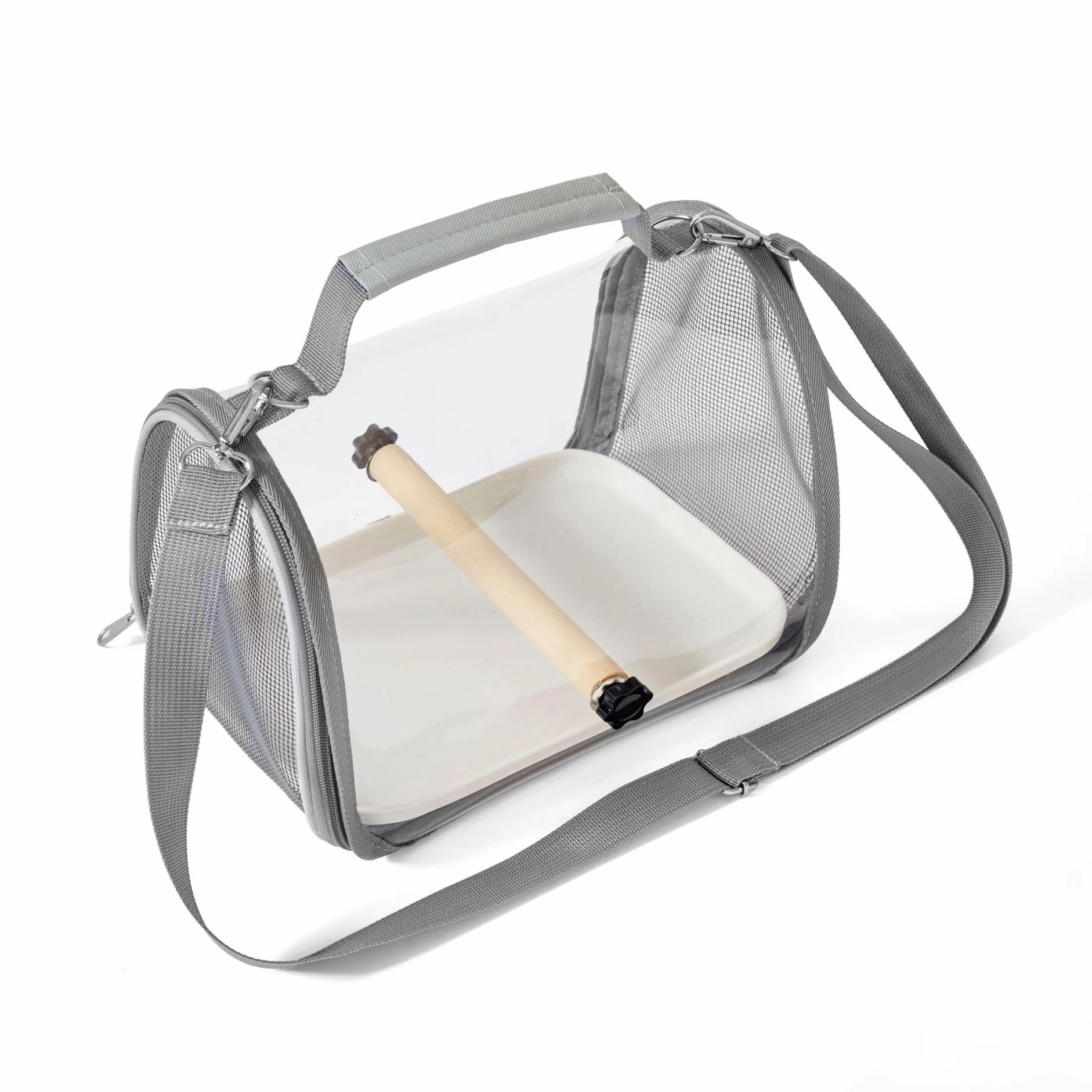 Borsa per uccelli,borsa da viaggio,completamente trasparente,19,5*26*19cm,portauccelli portatile con vassoio in plastica,palo di legno,traspirante per animali domestici,1 molari da pietra (grigio.)