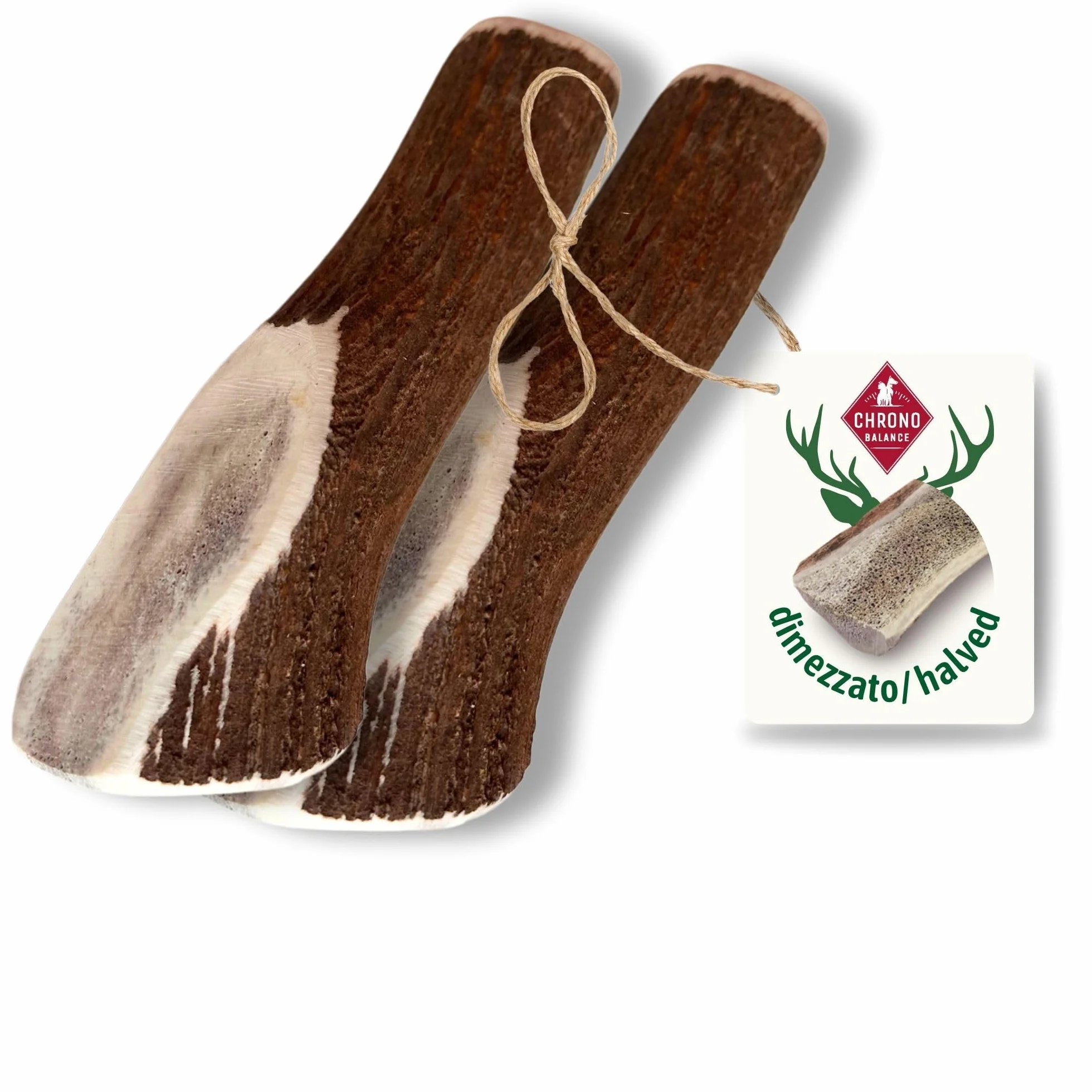 ChronoBalance-XXL Corno di Cervo per Cani, Confezione da 2, Dimezzato, 100% Naturale, Osso di Cervo, Cura Dentale, Giocattolo per Cani, Senza Sostanze Chimiche, Lunga Durata