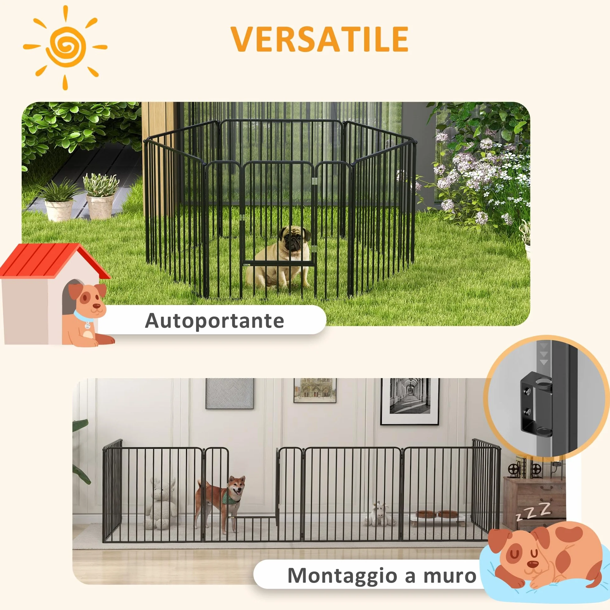 PawHut Box per Cani Taglia Media e Piccola a 6 Pannelli Modulabili da Interno ed Esterno, Cancello per Cani in Acciaio con 9 Picchetti, 164x83x80 cm, Nero