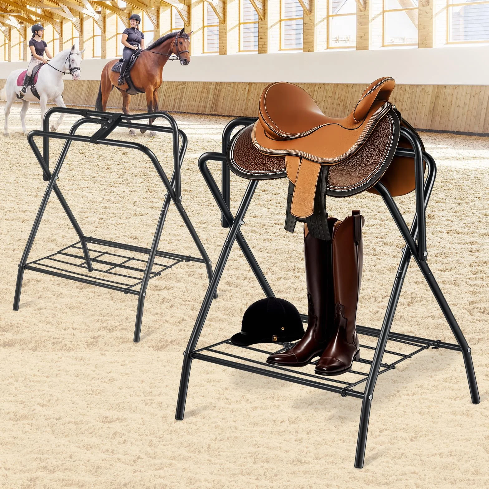 VEVOR Supporto per Sella Pieghevole, Supporto per Sella per Cavallo Indipendente in Acciaio, Supporto per Coperta per Selle Inglesi e Western, Deposito per Finimenti, 2 Pezzi Nero 711 x 482 x 952 mm