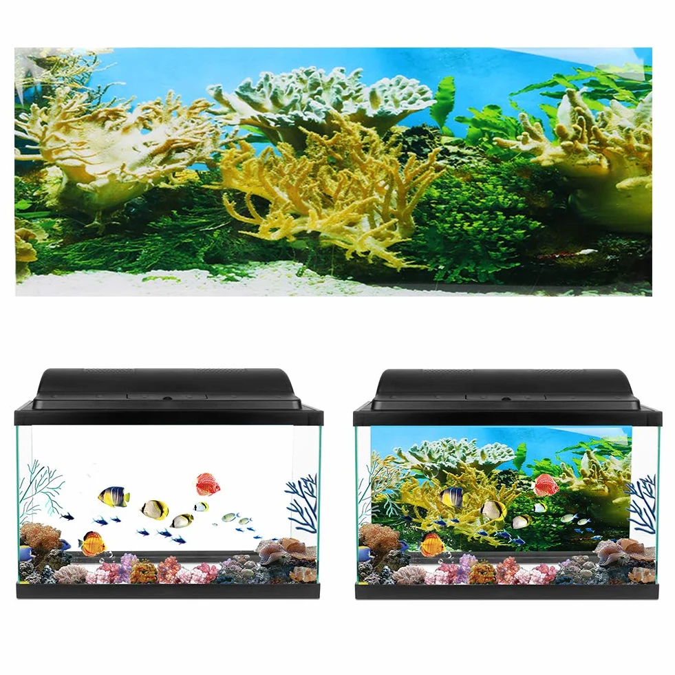 Poster adesivo per fondale di acquario in PVC con motivo di piante acquatiche e coralli, adesivo decorativo impermeabile per vasca da pesce, sfondo spesso e anti-riflesso autoadesi (61*30 cm)