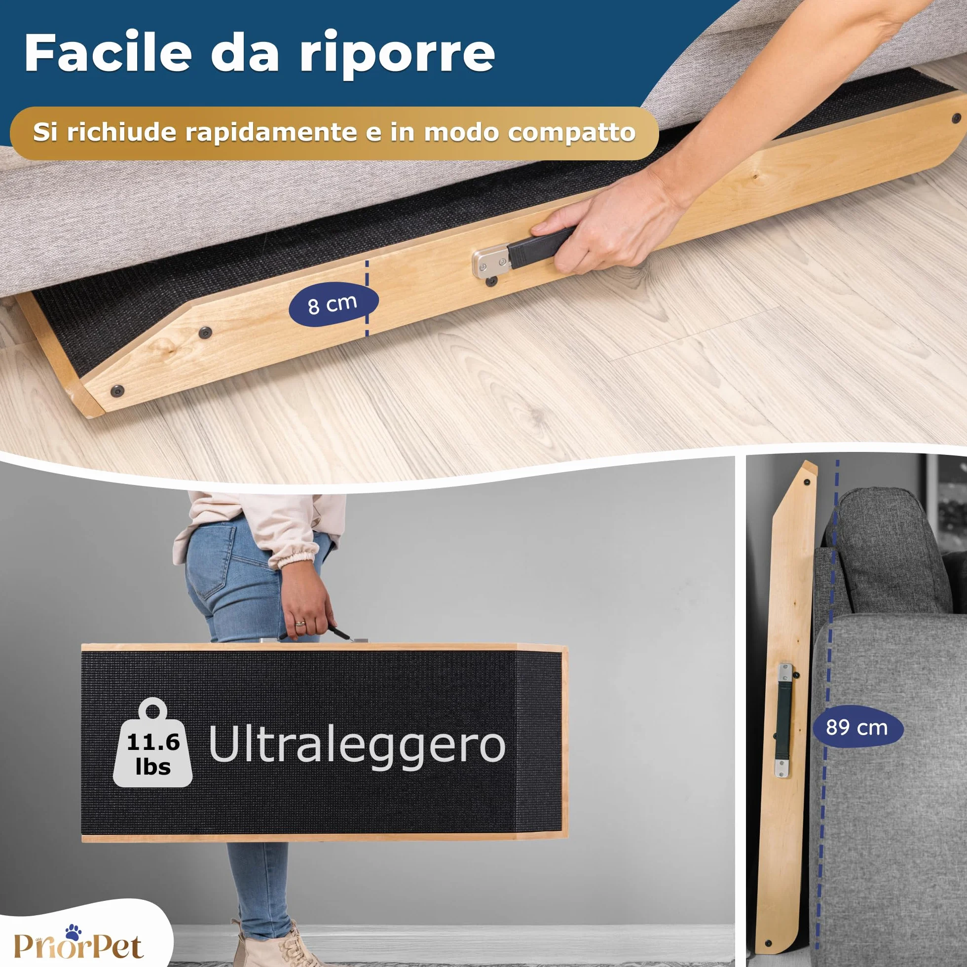 Rampa per Cani in Legno di Betulla Regolabile 18-53 cm Pieghevole per Letto e Divano