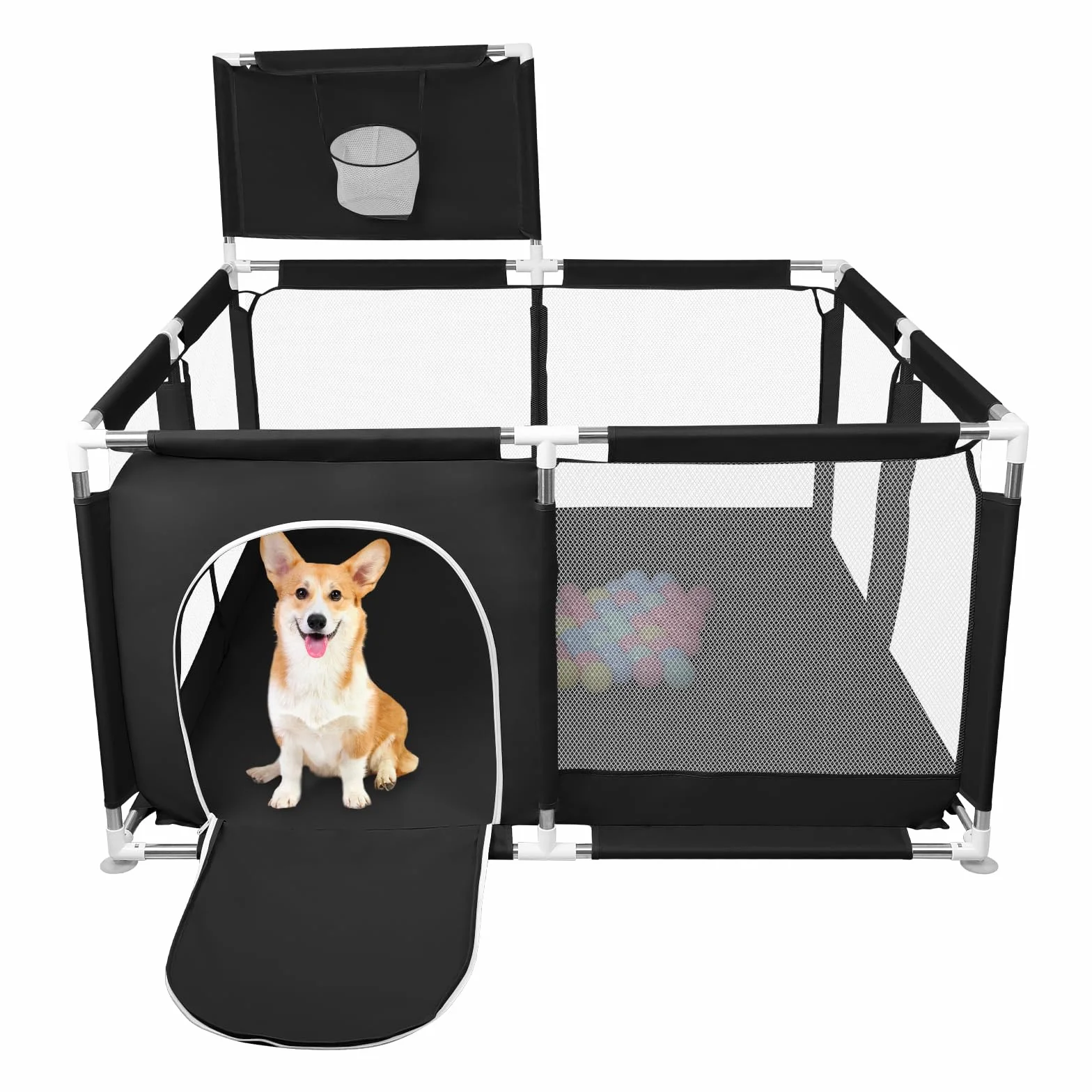 Parco per cuccioli con porta, parco per cuccioli o cani piccoli, recinzione solida in tessuto spesso e rete in nylon ad alta resistenza, lavabile in lavatrice, interno/esterno, 126 x 126 x 66 cm, nero