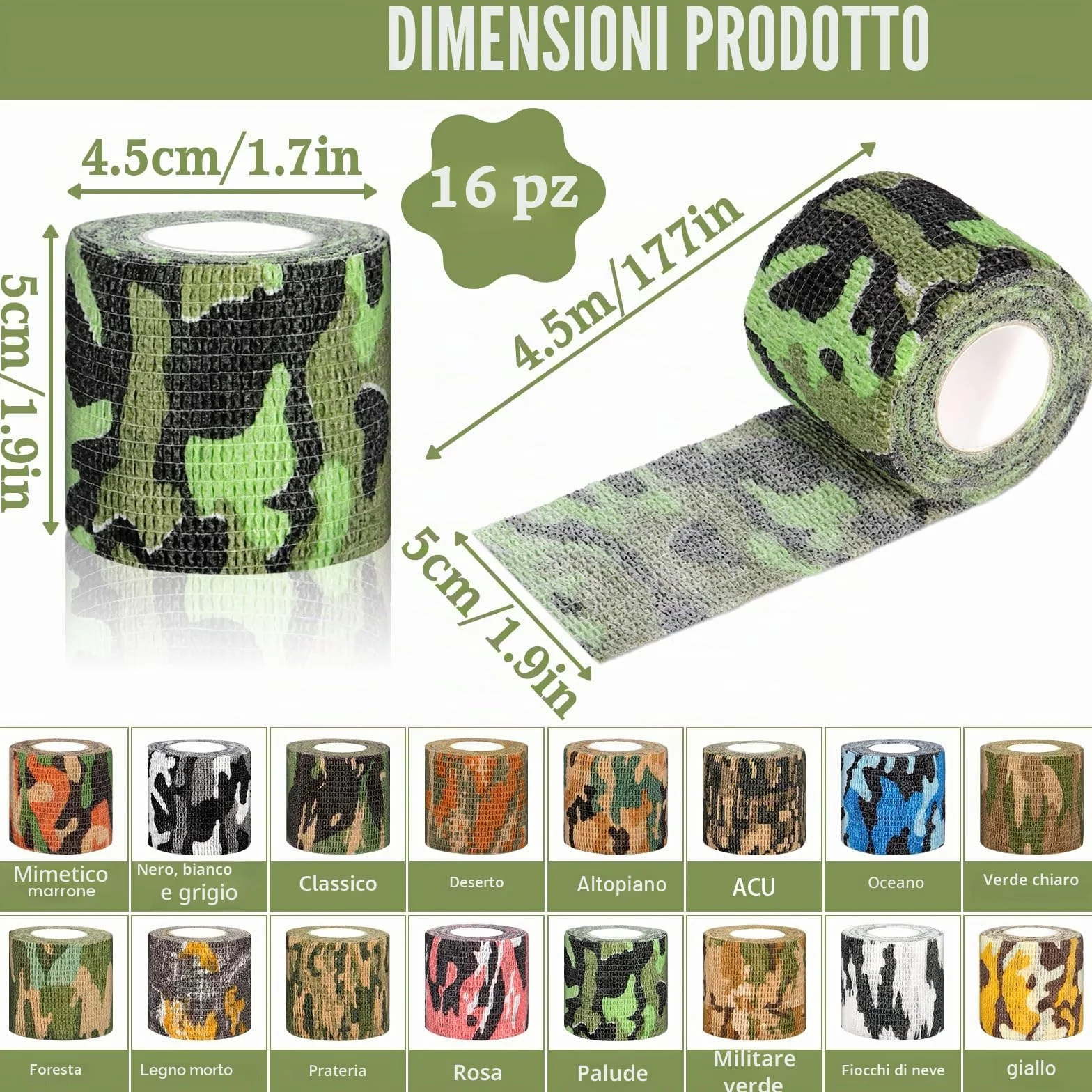 16 Rotoli Benda Elastica Autoadesiva, 5cmx4,5m Benda Elastica Coesiva, Nastro Crossfit, Garza Adesiva Coesiva Benda per Sportivo, Dita, Caviglia, Ginocchia, Gatti, Cani, Cavalli, Mimetico