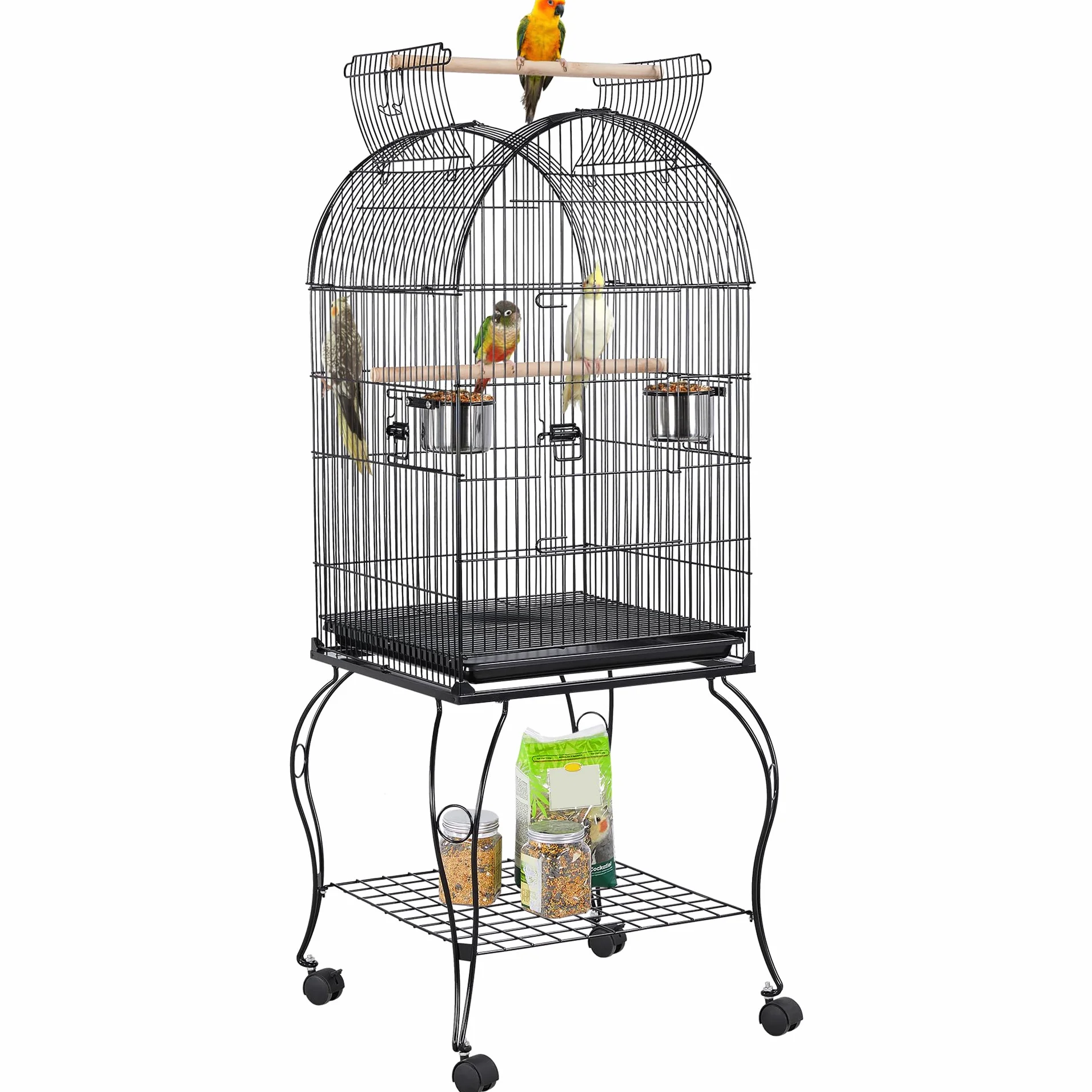 Yaheetech Gabbia Voliera per Uccelli Pappagalli con Carrello e Tetto Apribile in Metallo e Legno Nero 59 x 59 x 150 cm