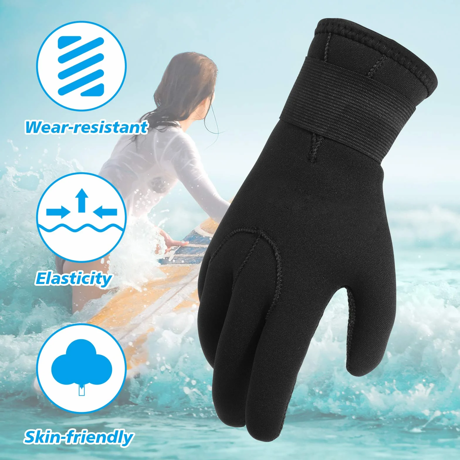 QKURT Guanti in Neoprene, 3mm Tropical Gloves High Stretch Gloves per uomini donne immersioni, surf, kayak, snorkeling, vela, canottaggio