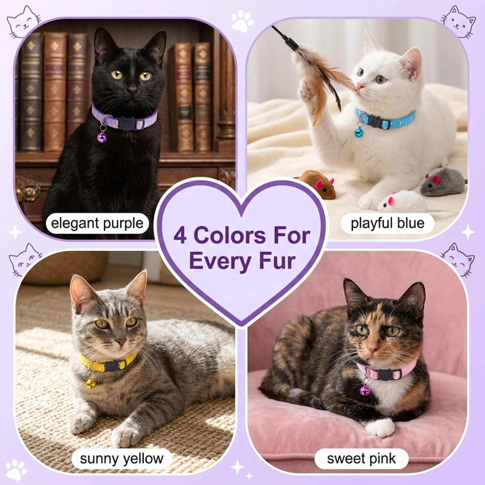 4 Pezzi Collare Gatto Antistrozzo con Campanellino e Fibbia di Sicurezza Regolabile Collare per Gatti e Gattini con Motivo a Cartone Animato Collarino Gatto Set